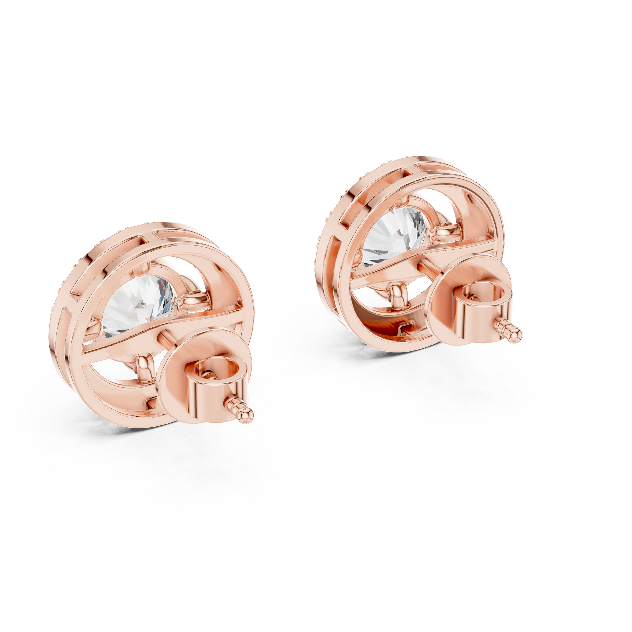 Rose gold earrings with clear gemstones on a white background