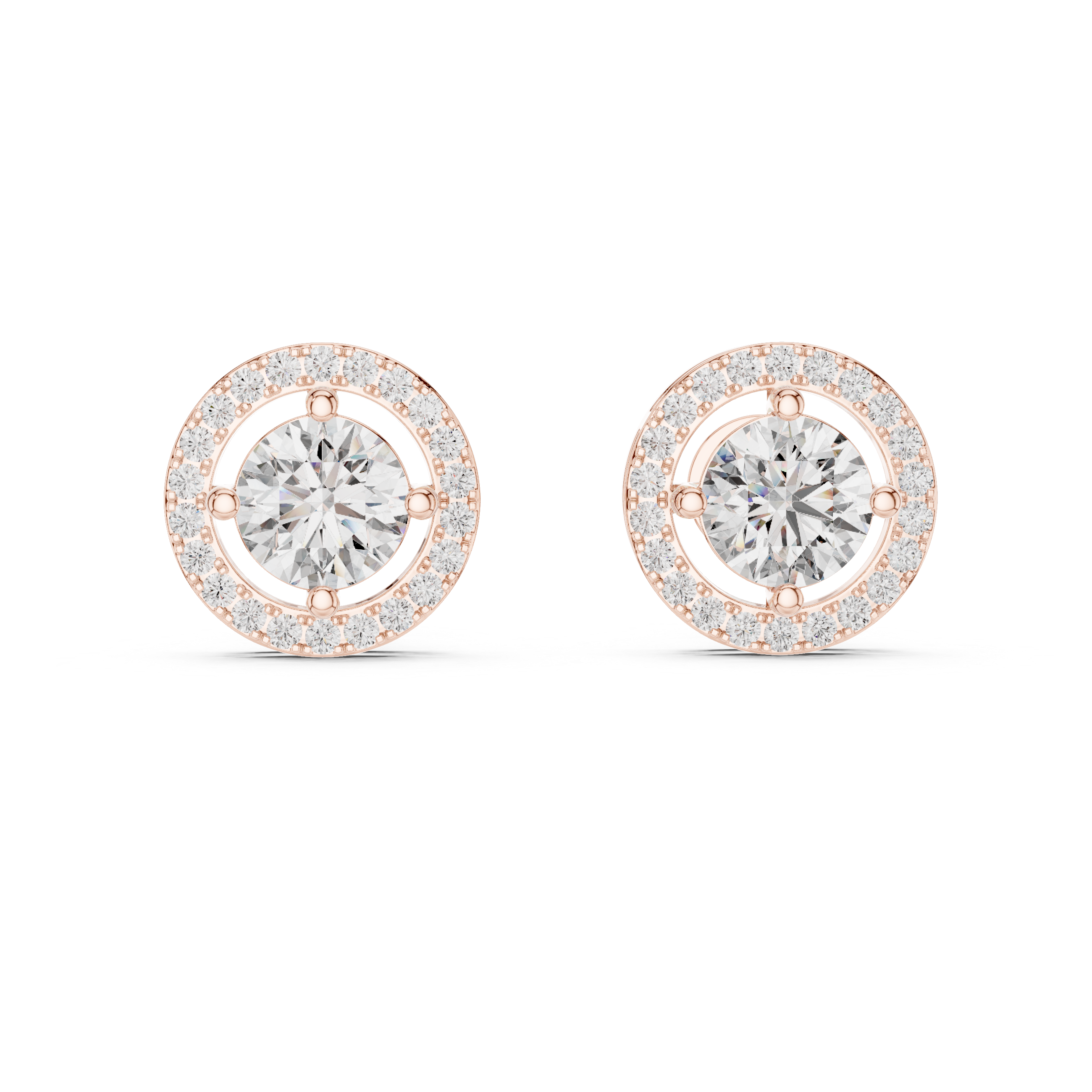 Rose gold earrings with clear gemstones on a white background