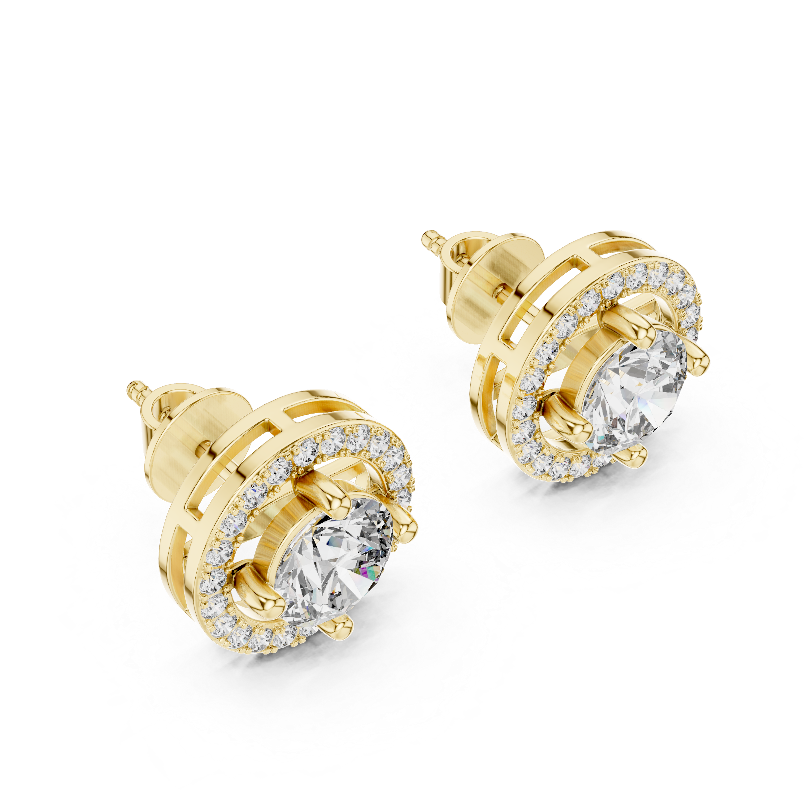 Gold earrings with clear gemstones on a white background