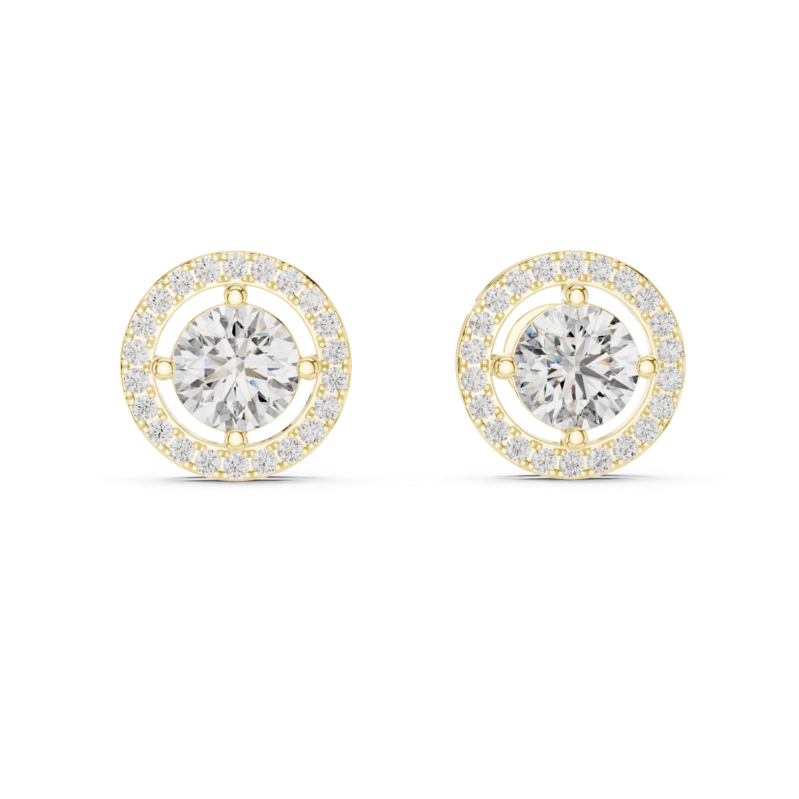 Pair of gold hoop earrings with clear gemstones on a white background