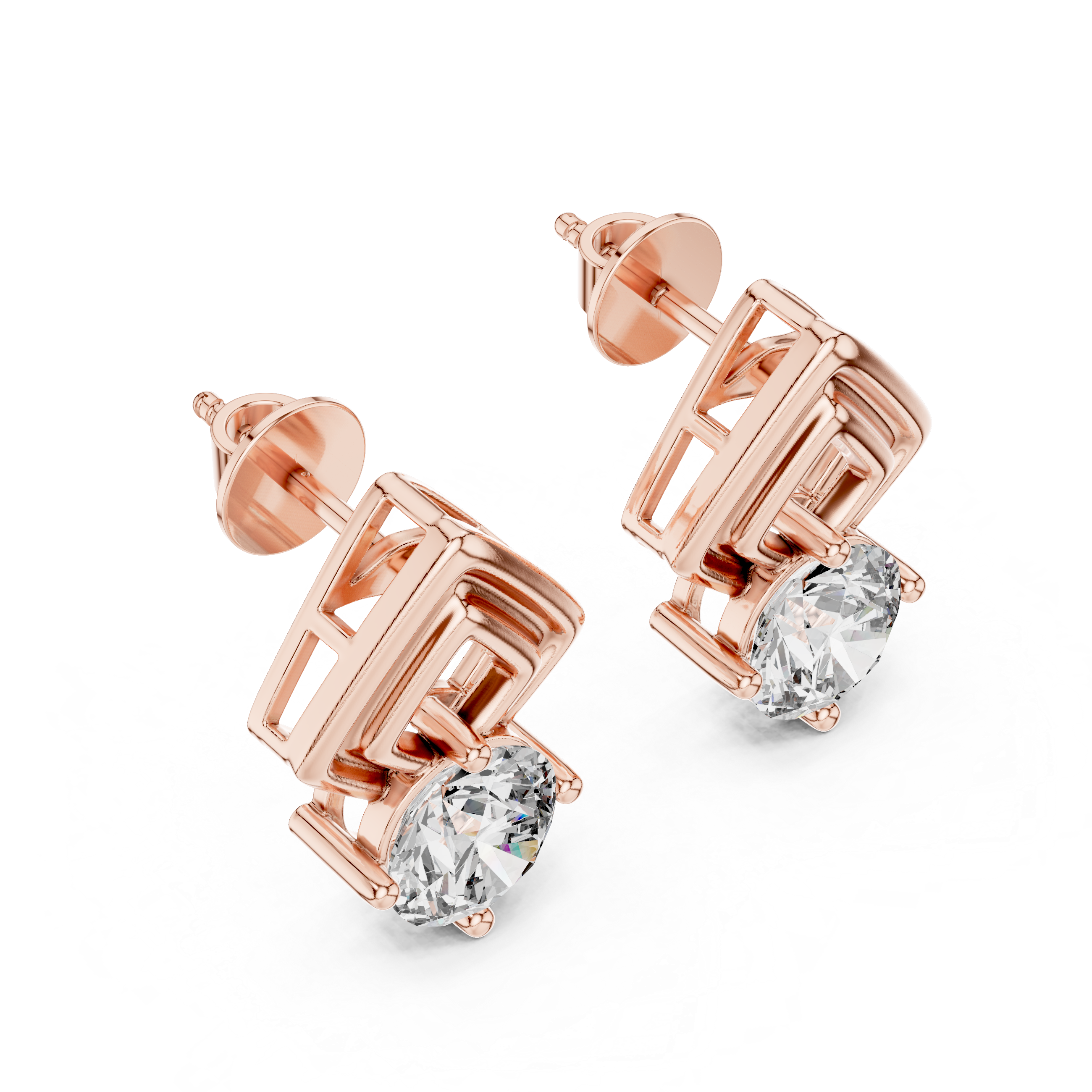 Rose gold earrings with clear gemstones on a white background