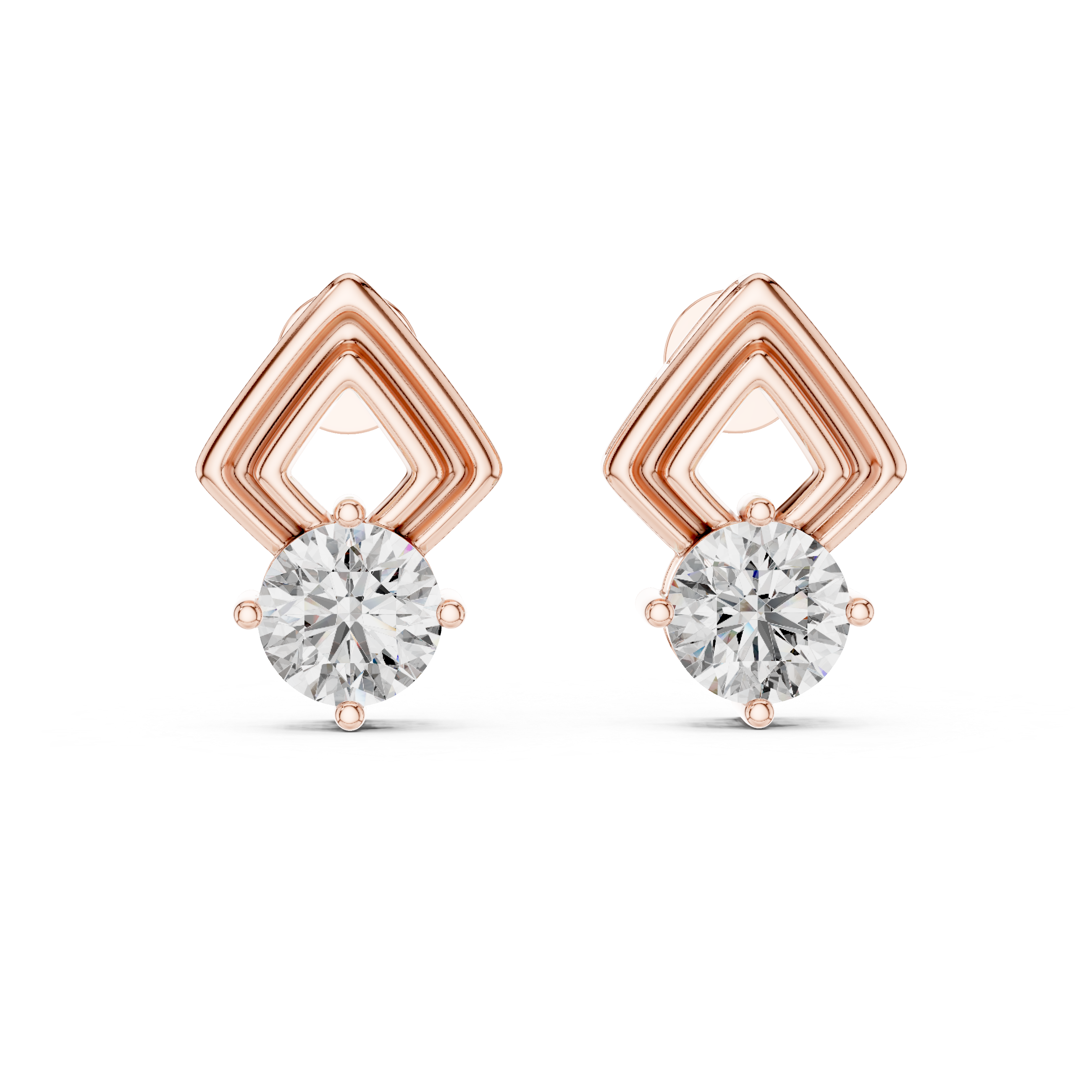 Rose gold earrings with diamond-like stones on a white background