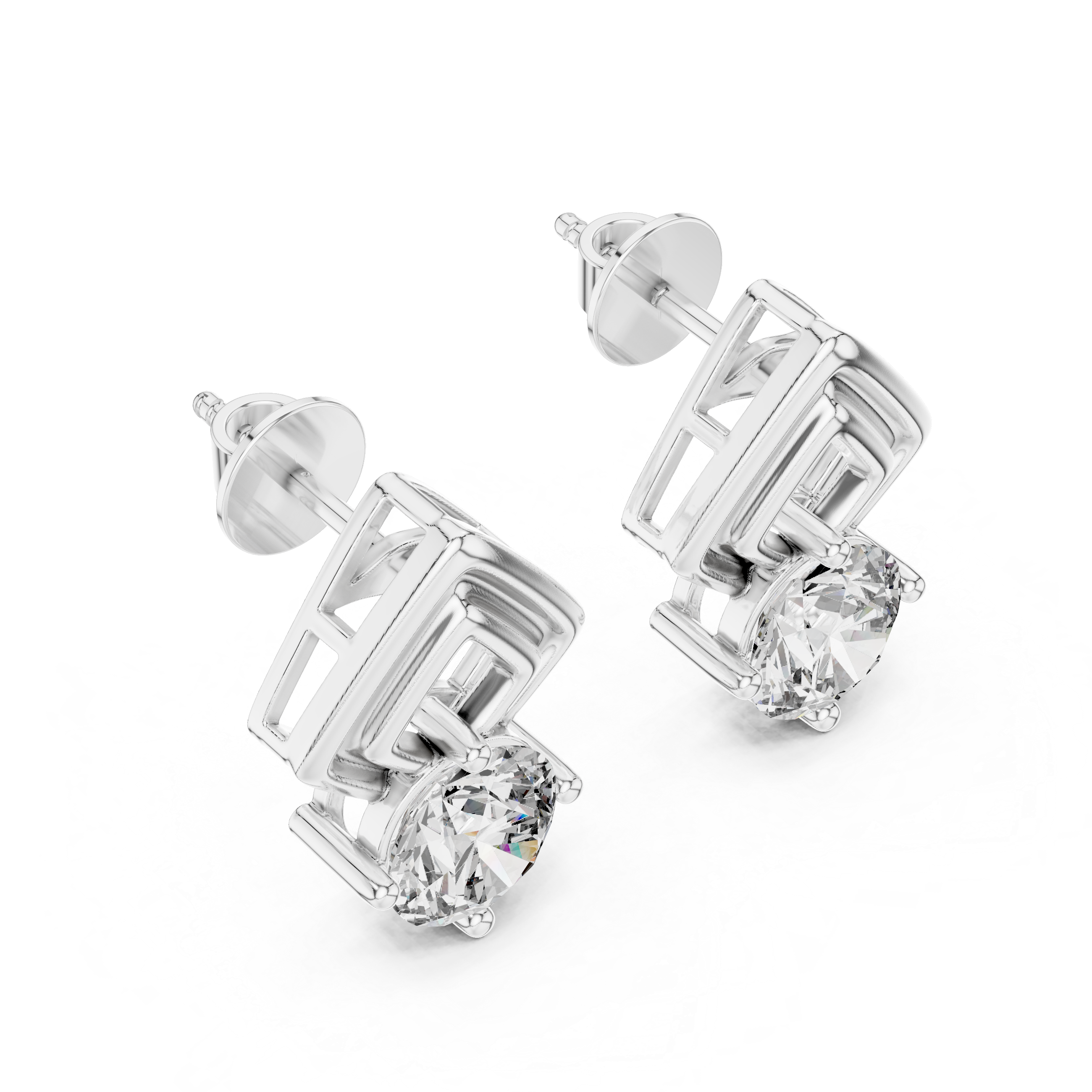 Silver earrings with clear gemstones on a white background