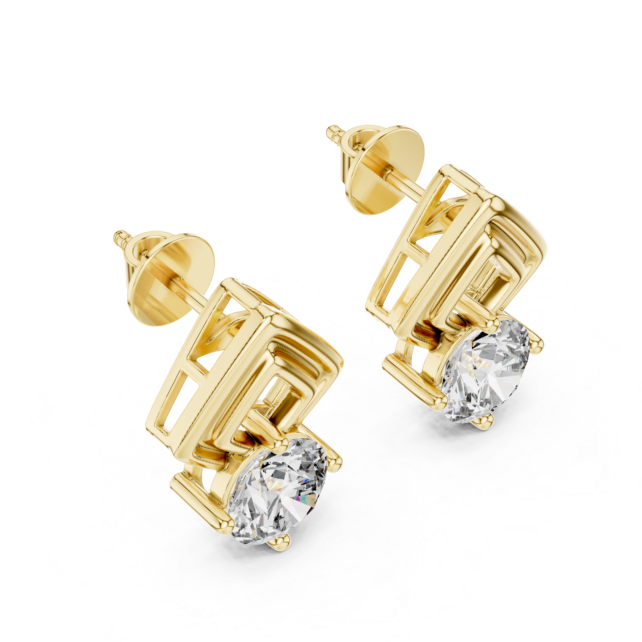 Gold earrings with clear gemstones on a white background