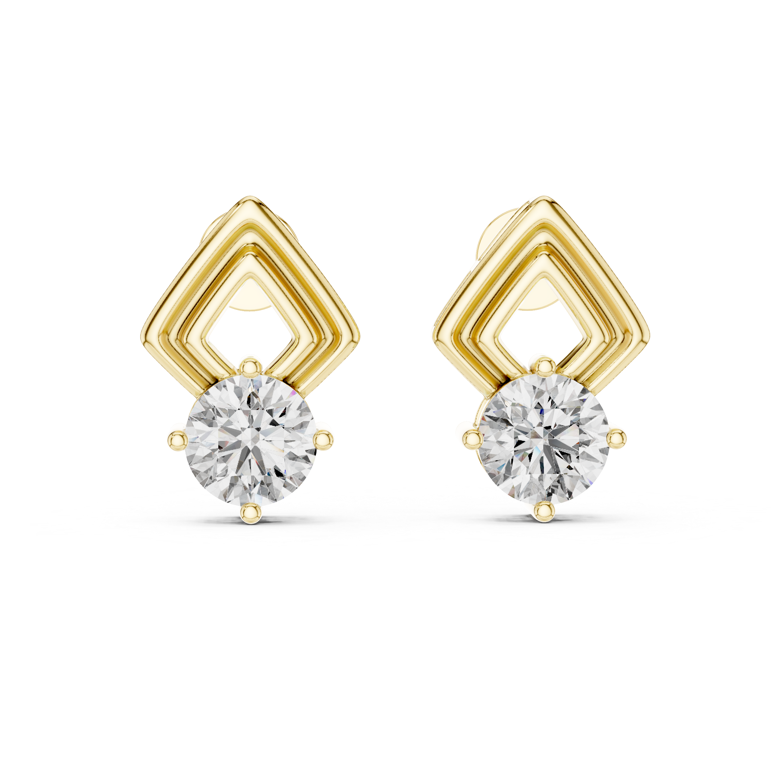 Gold earrings with diamond-like stones on a white background