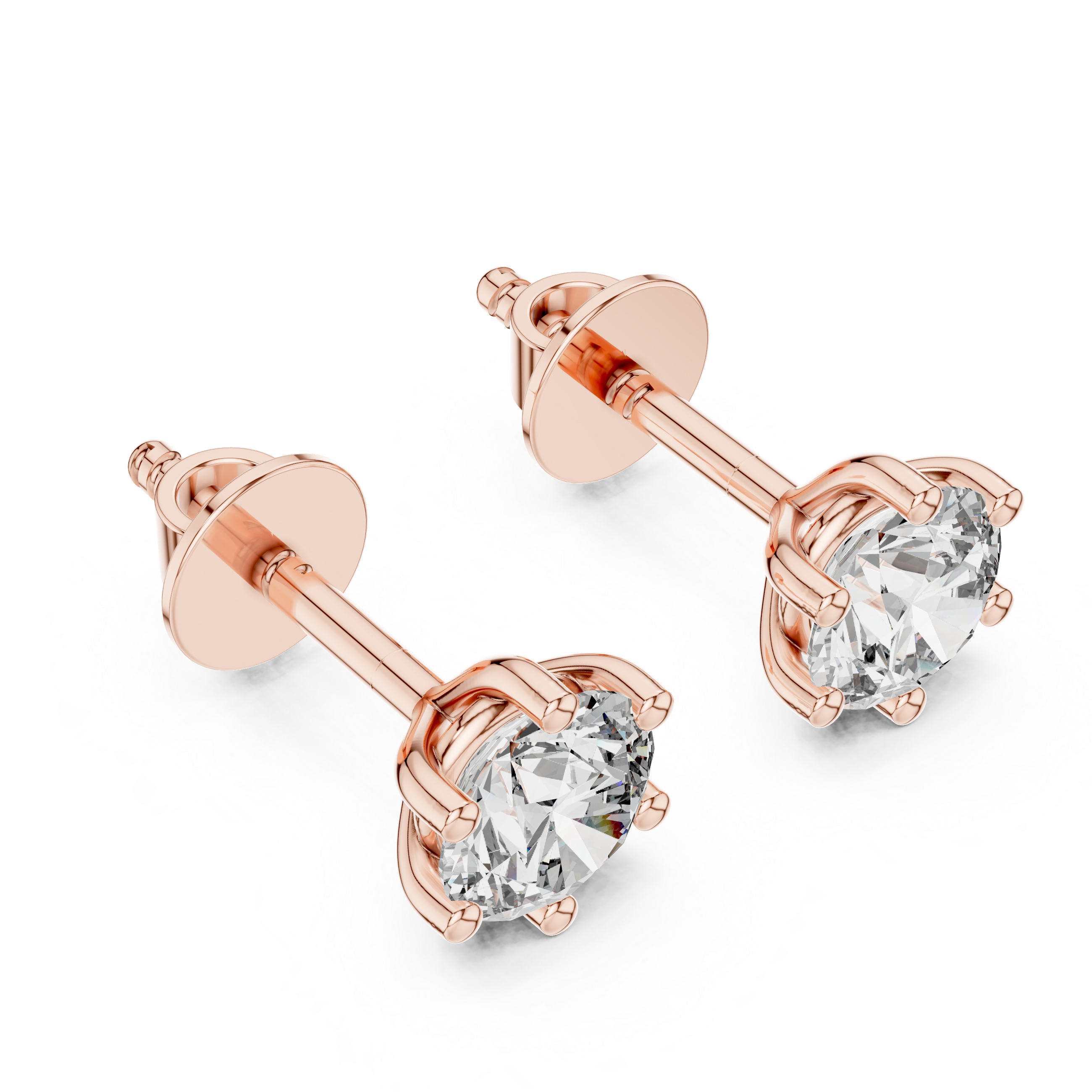 Rose gold earrings with clear gemstones on a white background