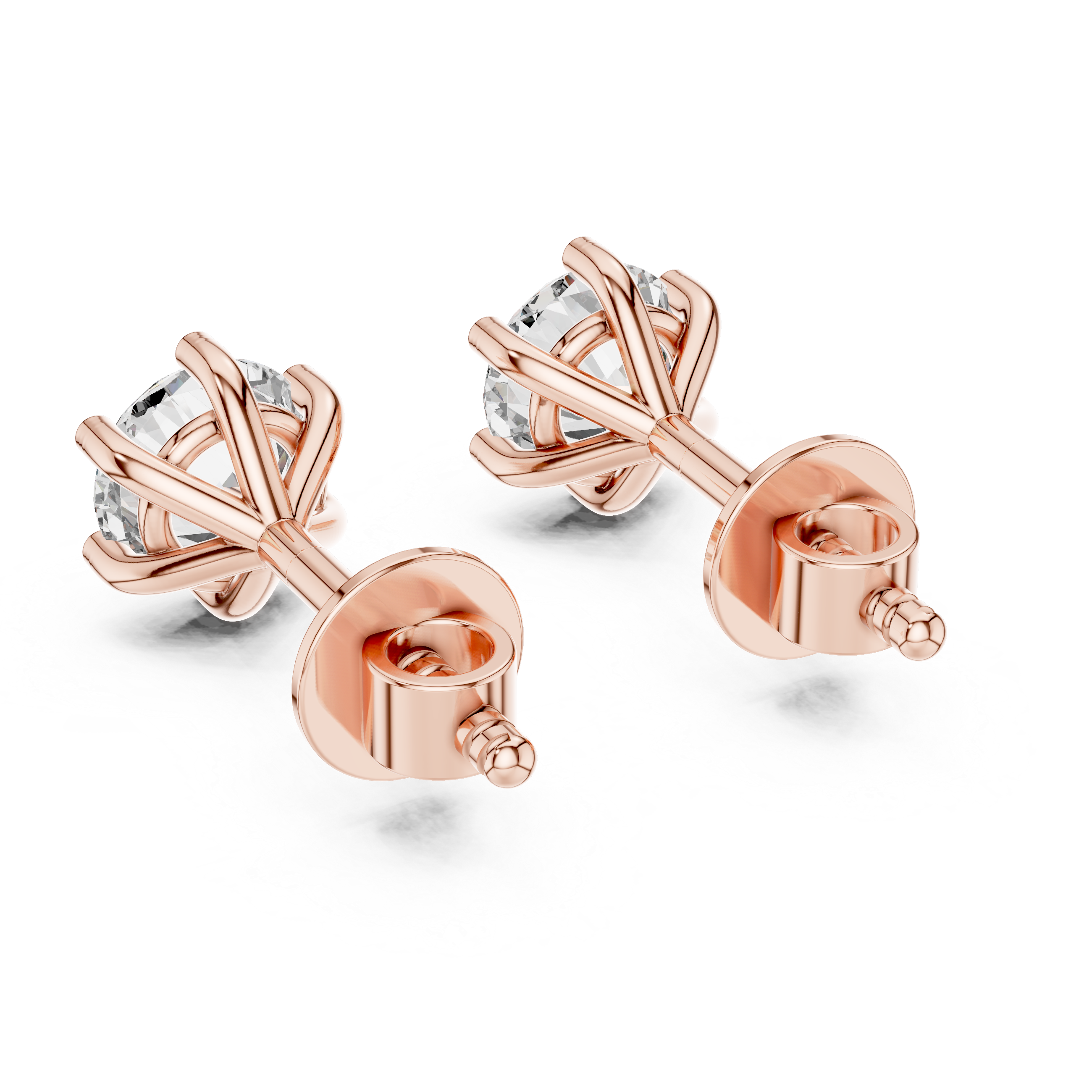 Rose gold earrings with clear gemstones on a white background