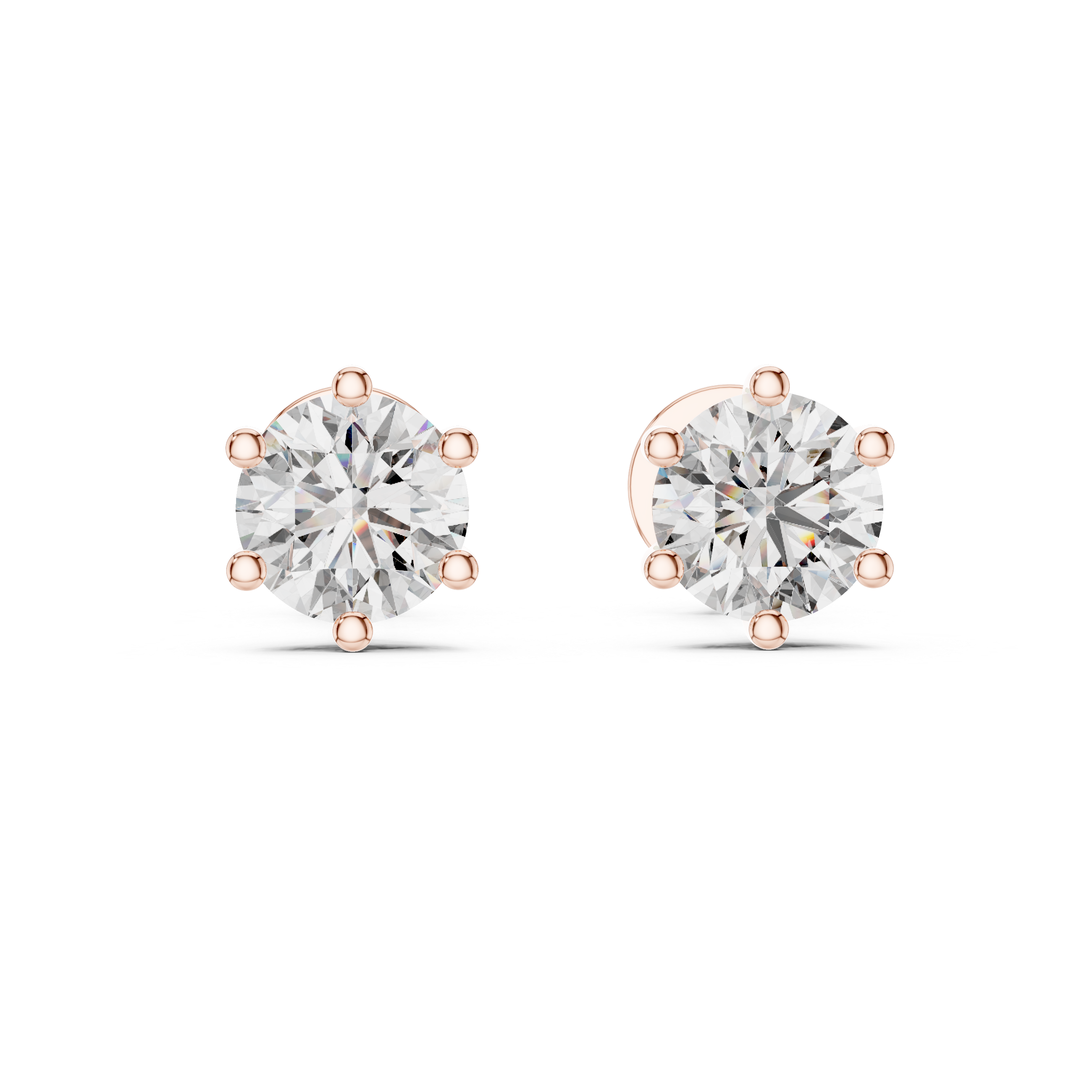 Pair of diamond stud earrings with rose gold prongs on a white background