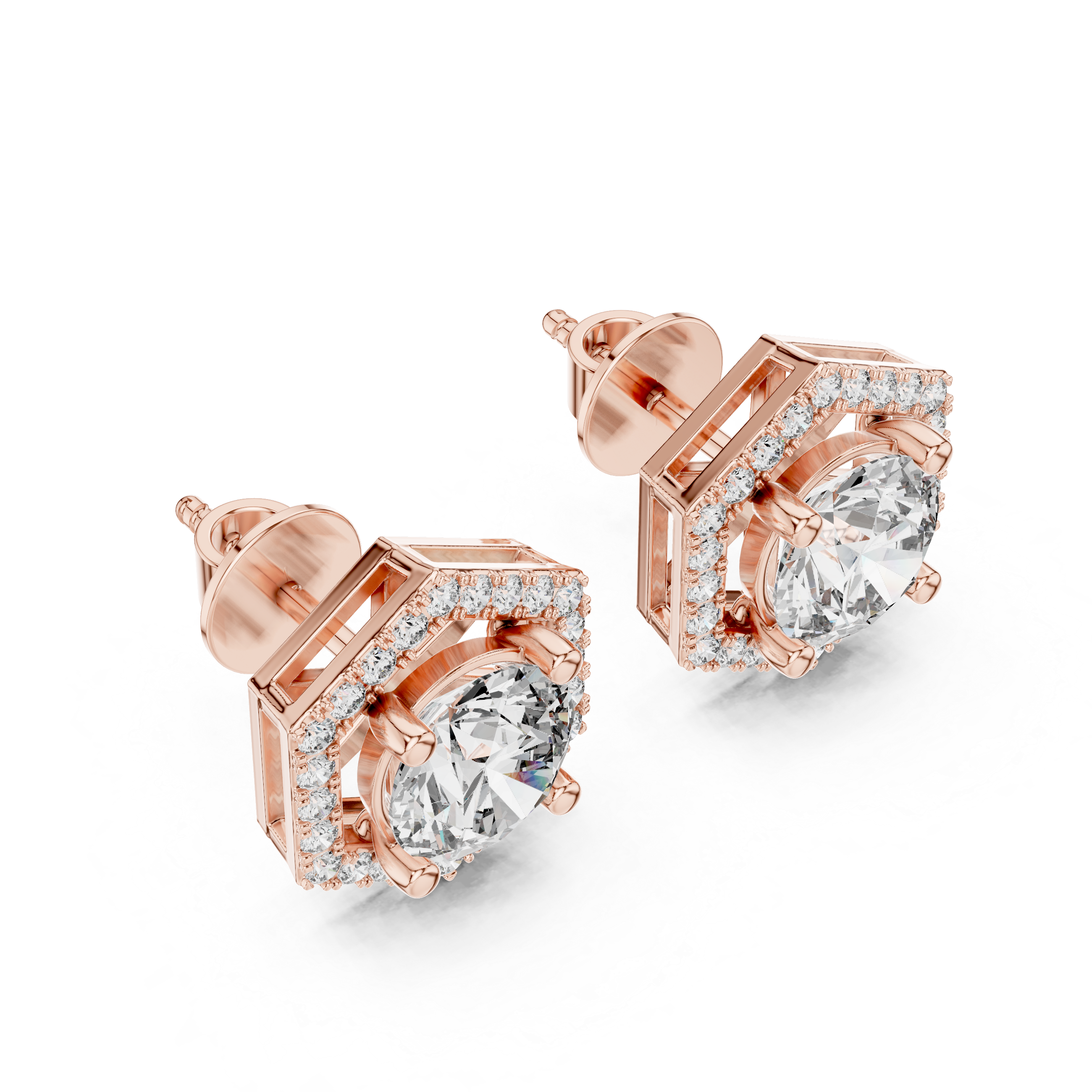 Rose gold earrings with clear gemstones on a white background