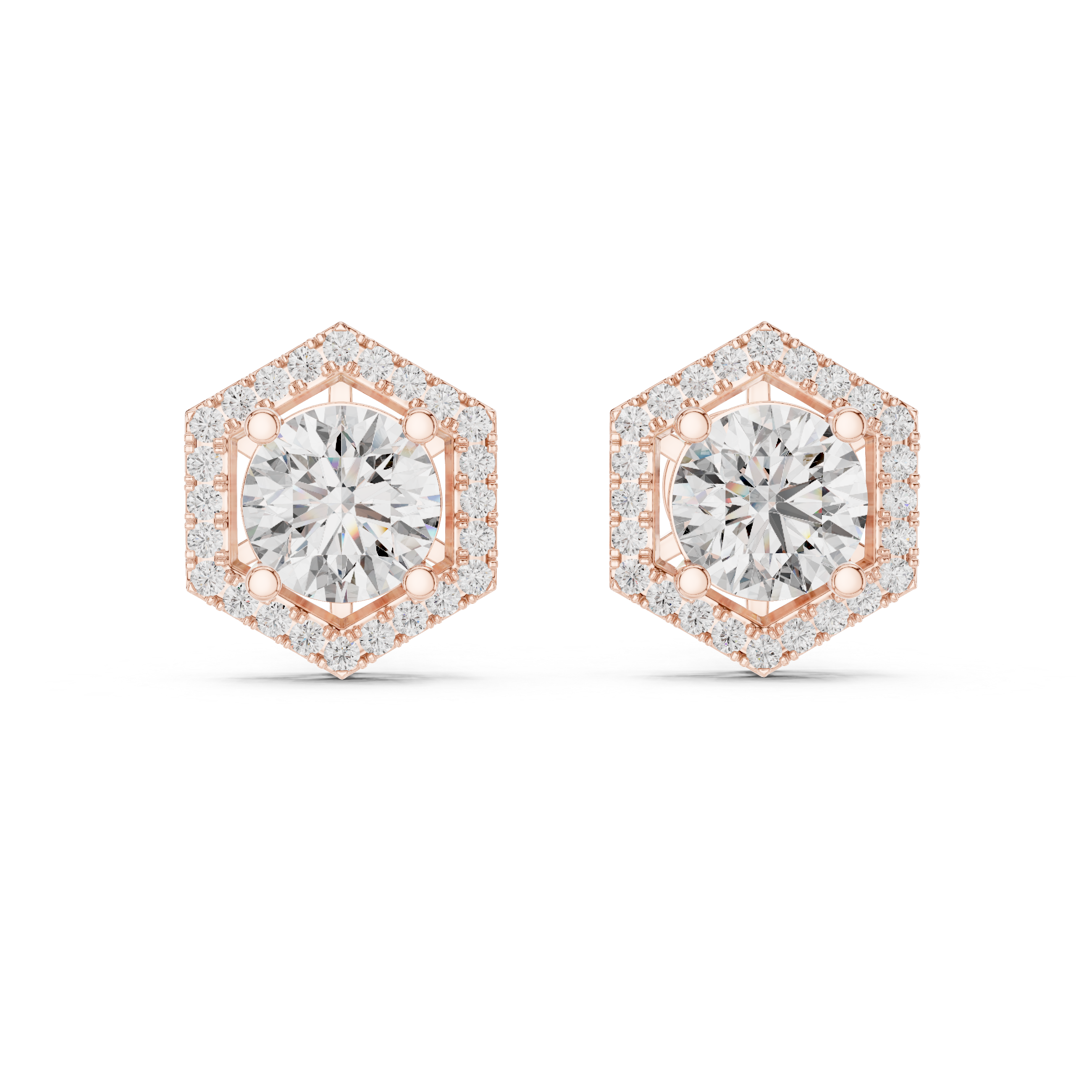 Hexagonal diamond earrings with rose gold accents on a white background