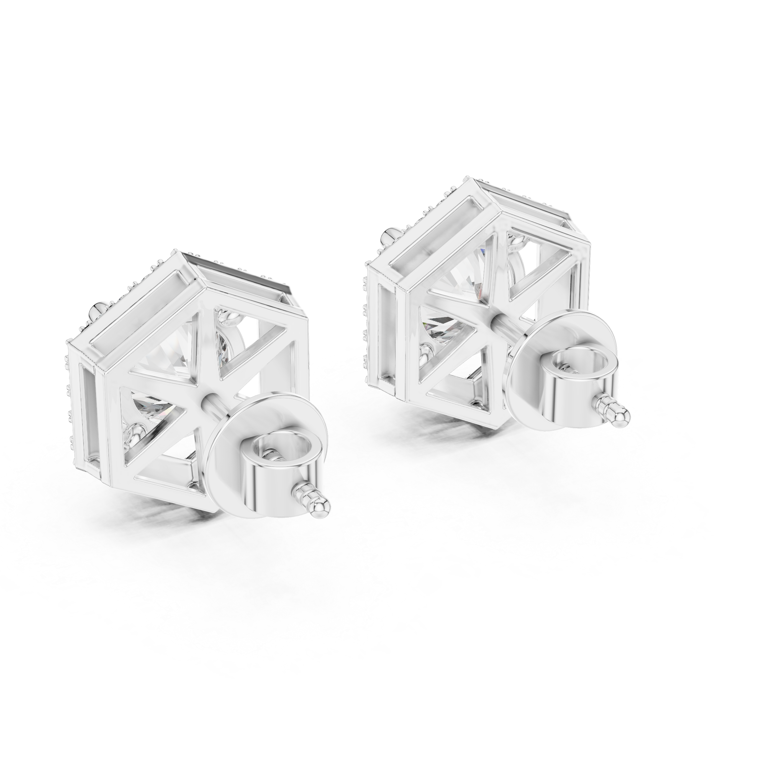 Silver geometric earrings on a white background