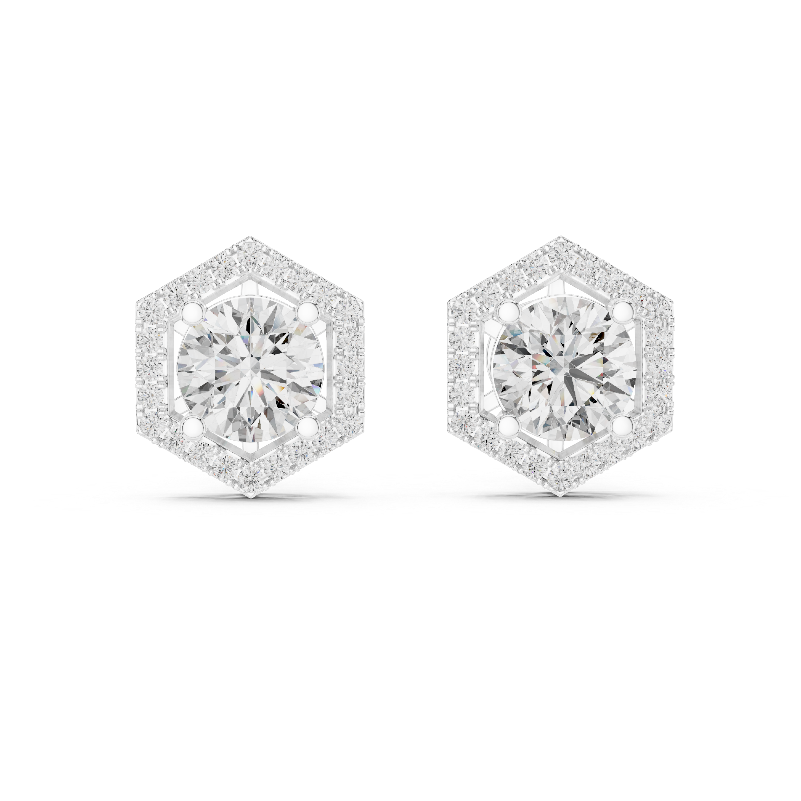Hexagonal diamond earrings on a white background