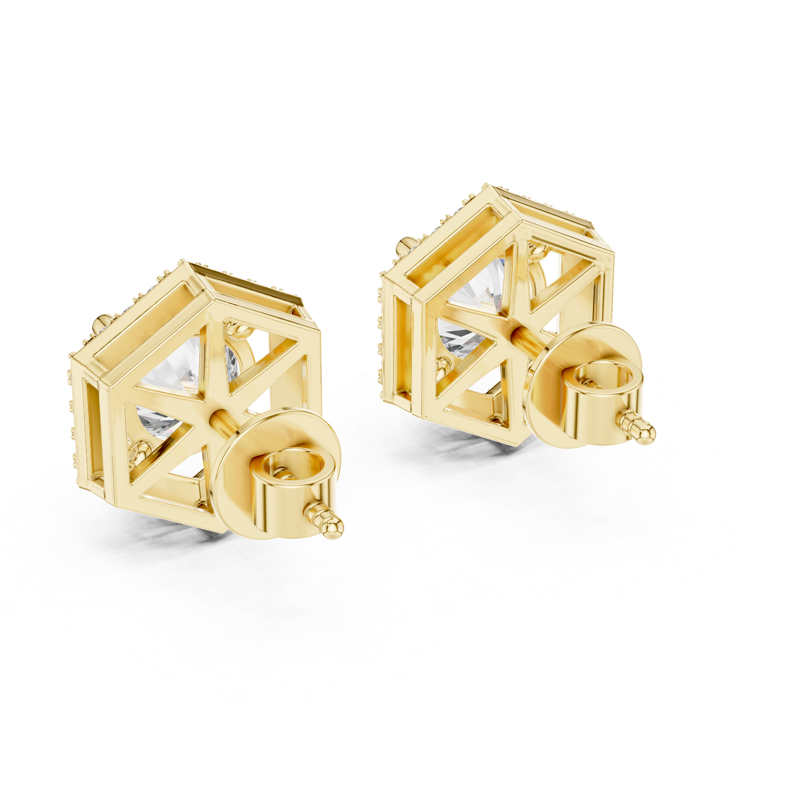 Gold geometric earrings on a white background