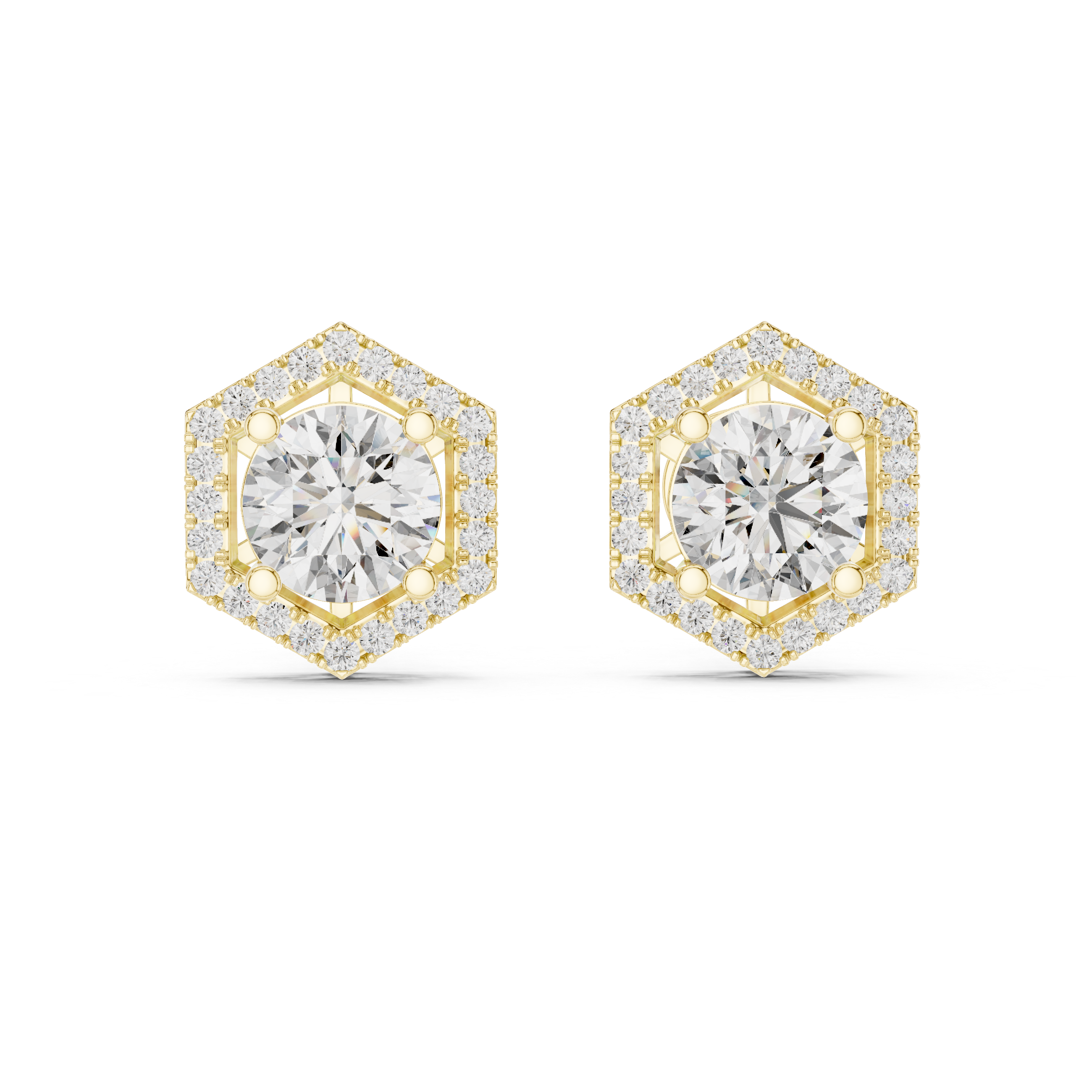 Hexagonal diamond earrings with gold accents on a white background