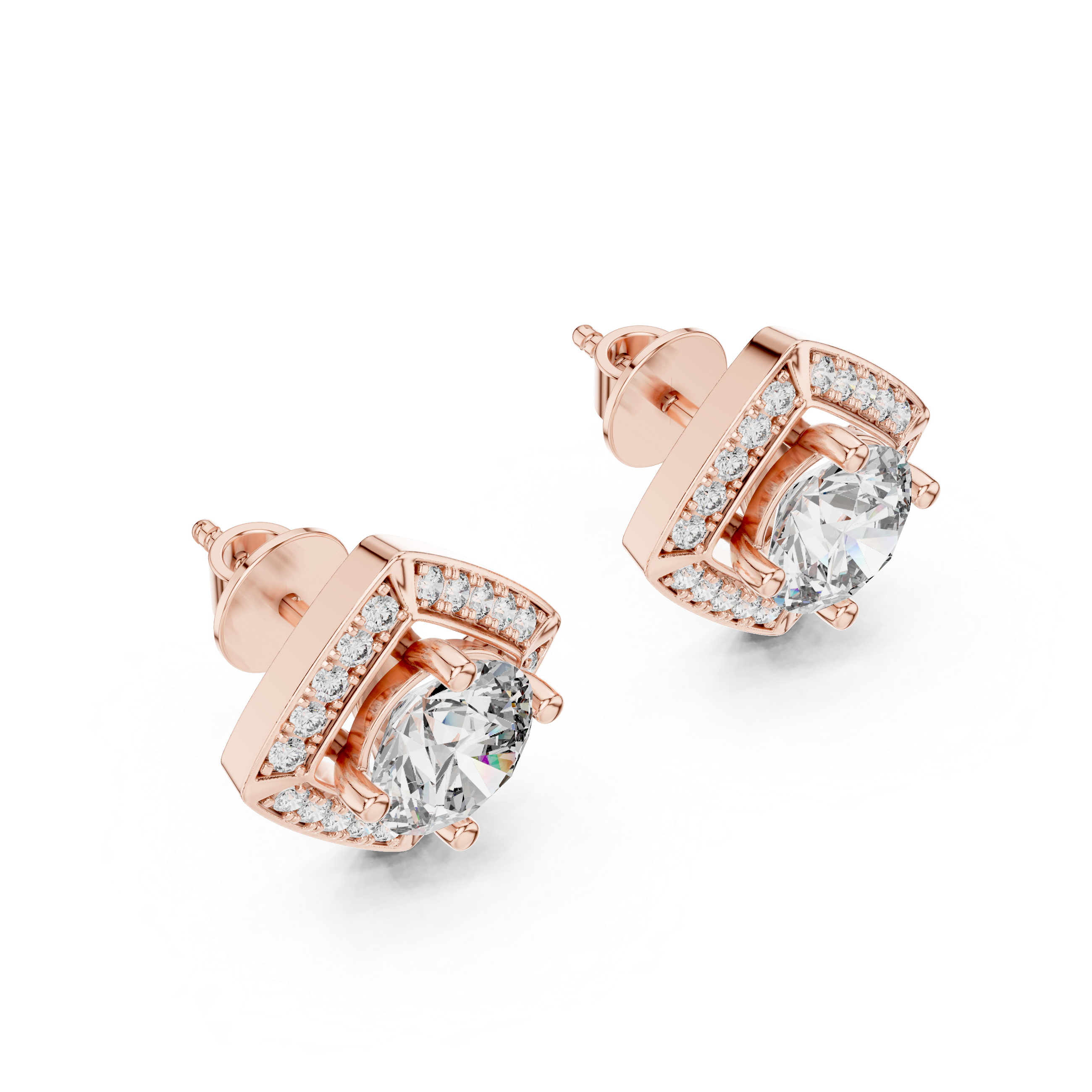 Rose gold earrings with clear gemstones on a white background