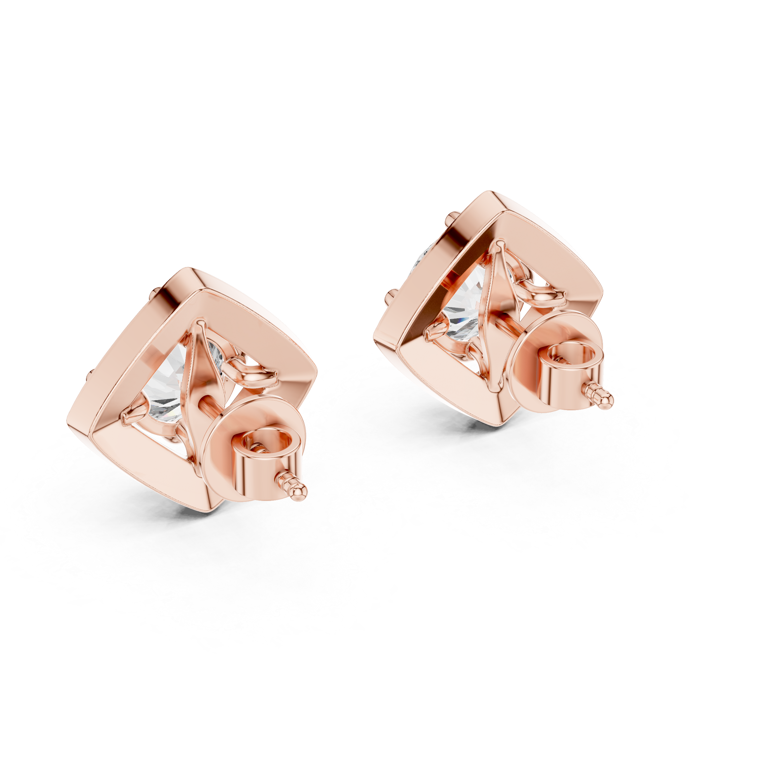 Rose gold earrings with clear gemstones on a white background