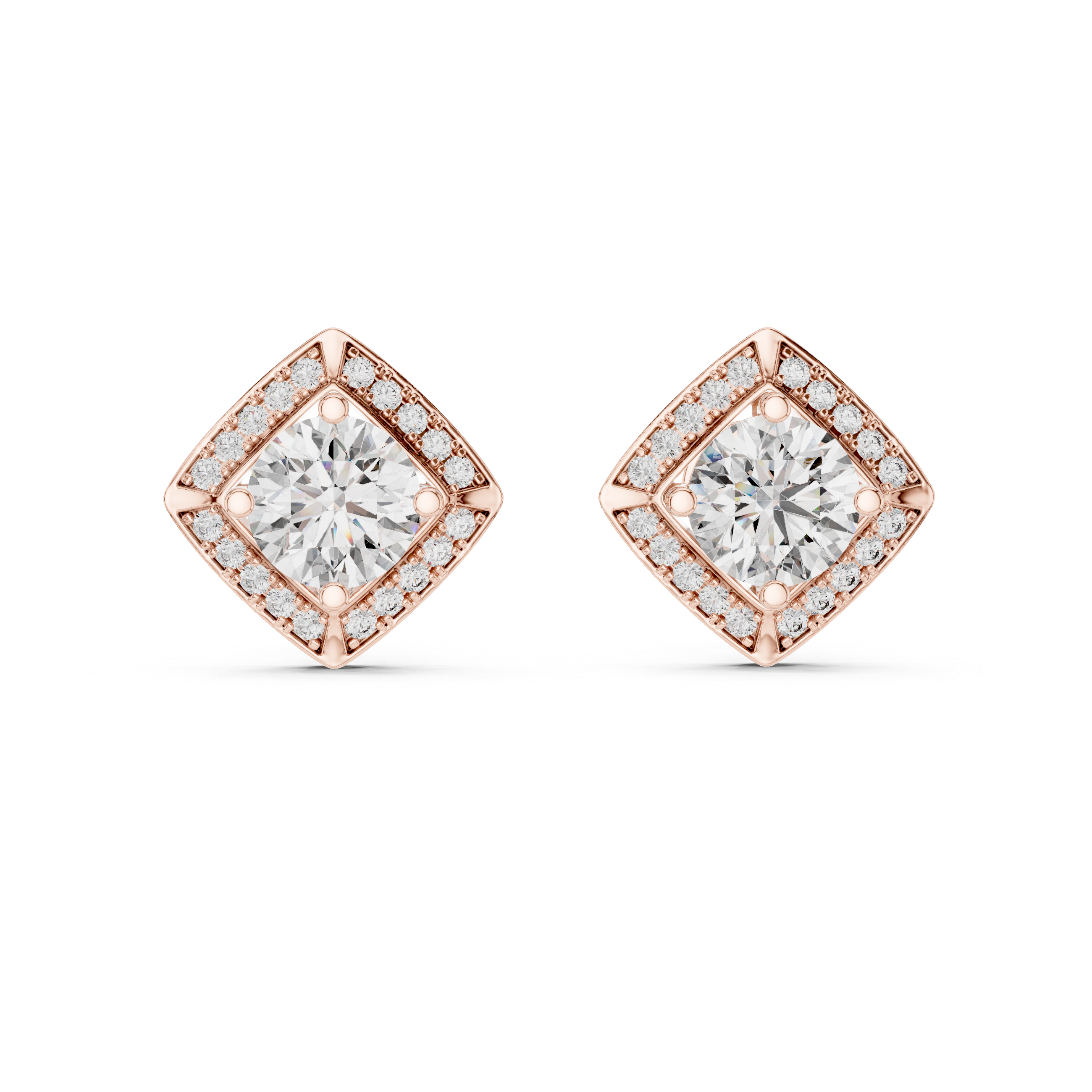 Rose gold square-shaped earrings with clear gemstones on a white background