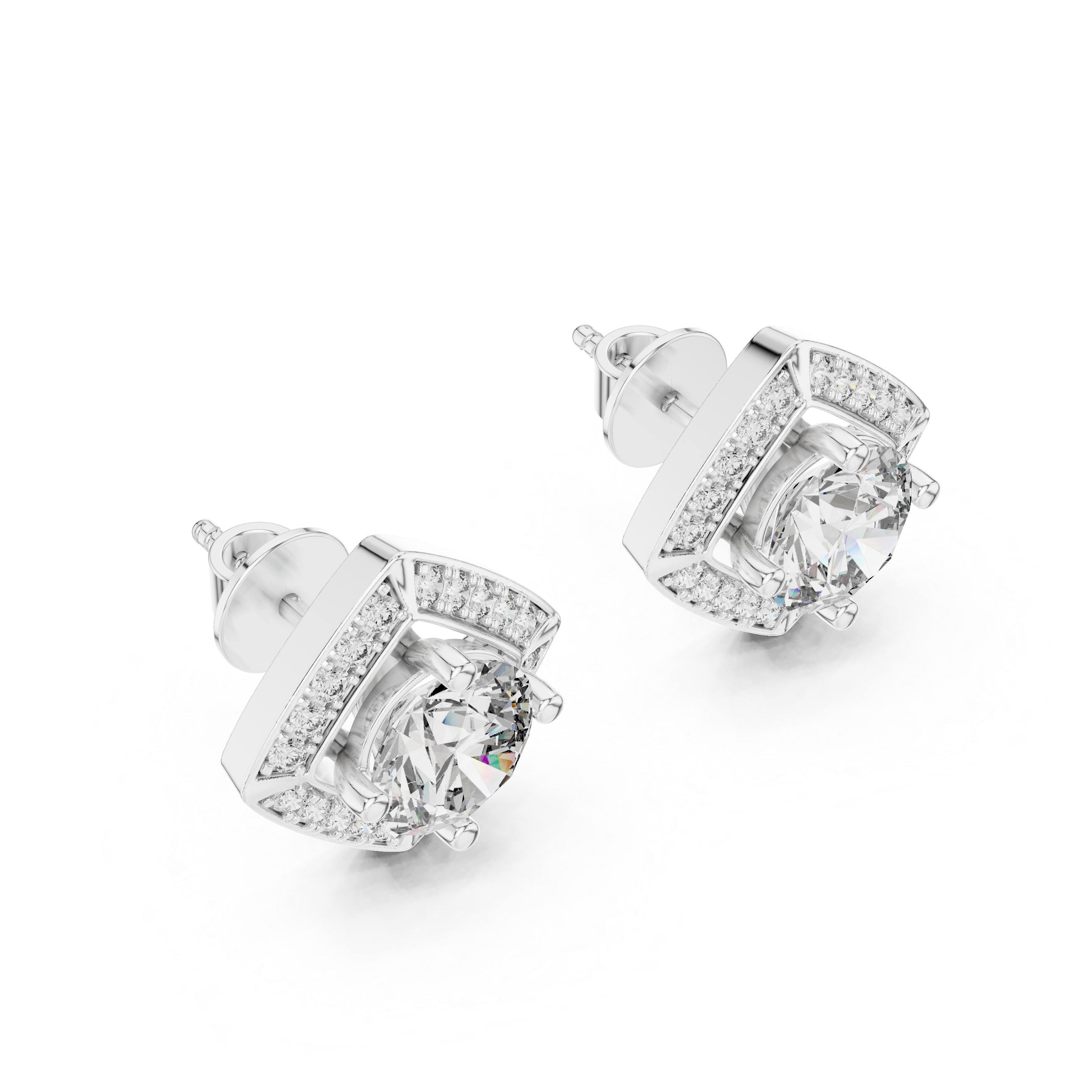 Pair of diamond stud earrings on a white background