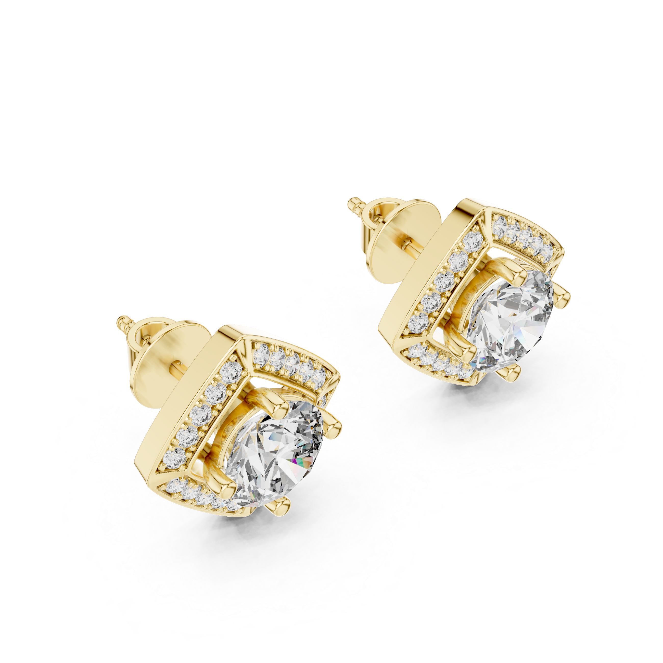 Gold earrings with clear gemstones on a white background