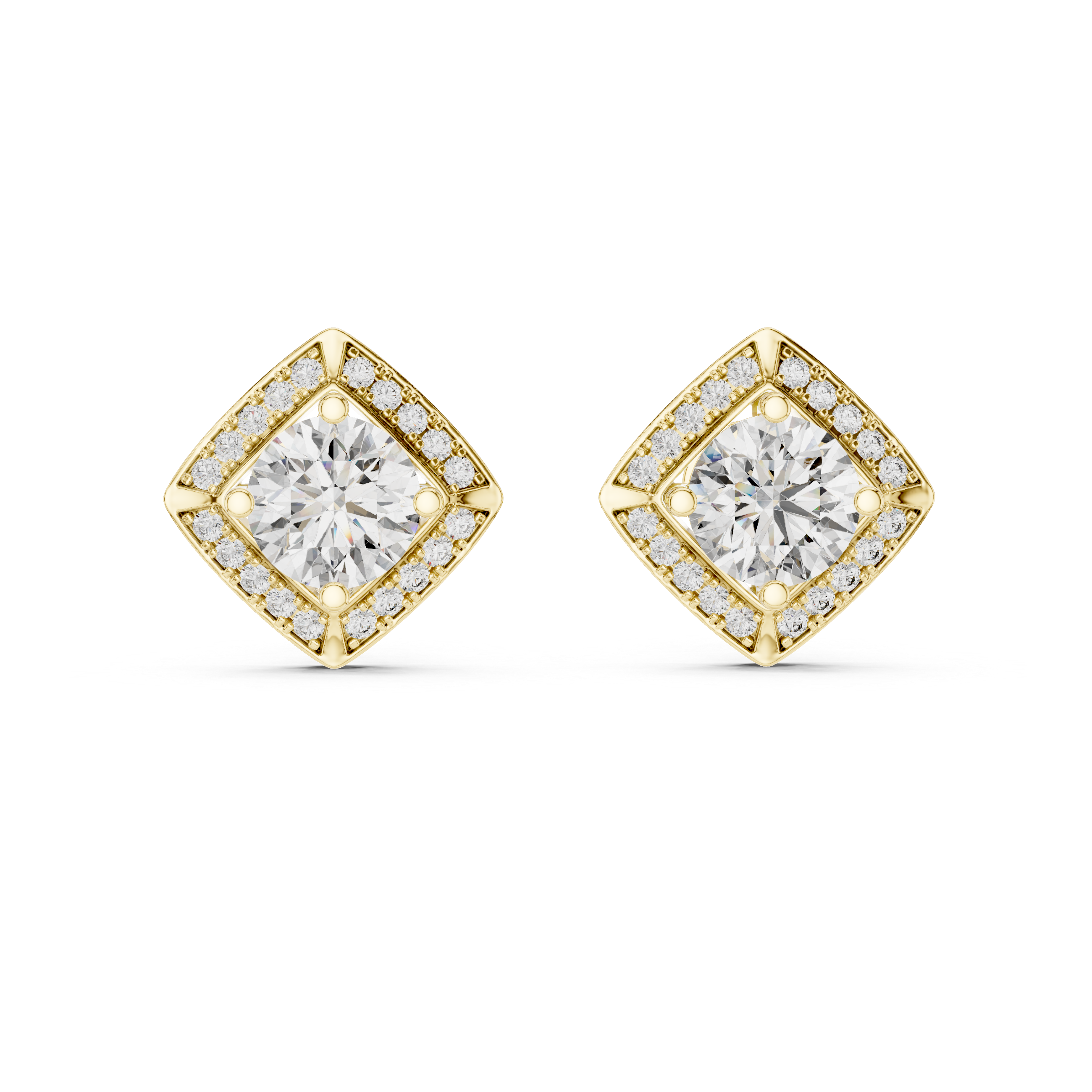 Gold square earrings with clear gemstones on a white background