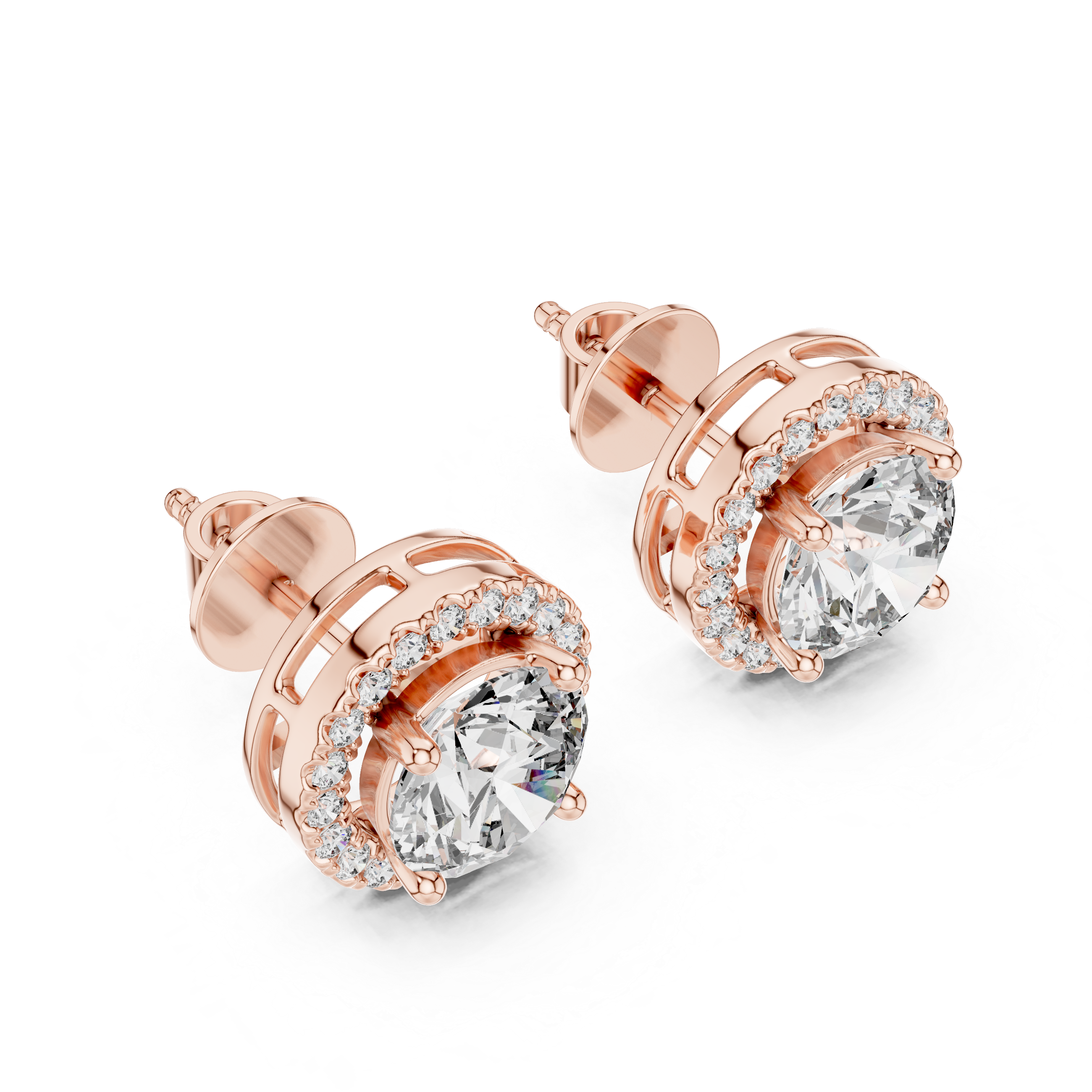 Rose gold earrings with clear gemstones on a white background
