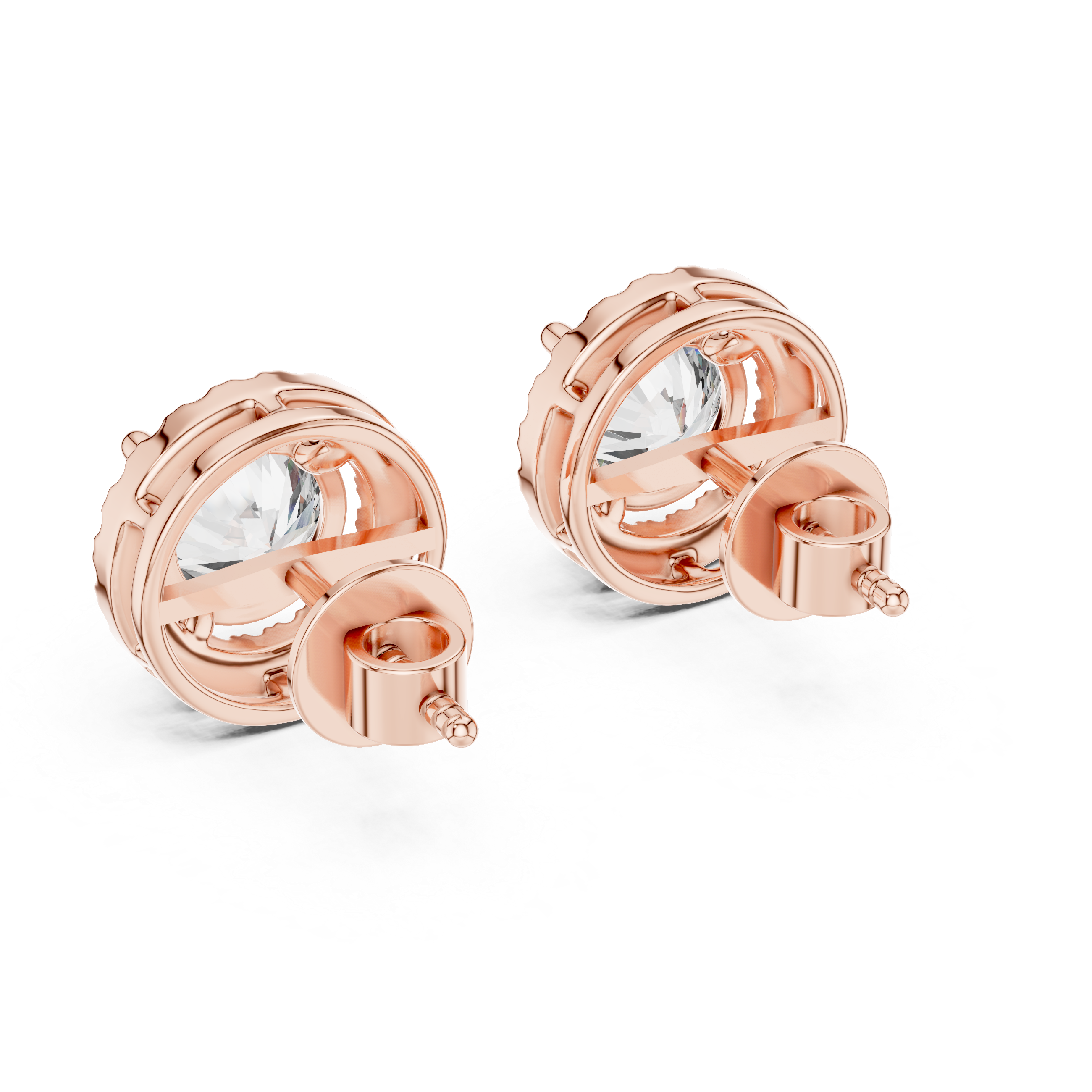 Rose gold hoop earrings with clear gemstones on a white background