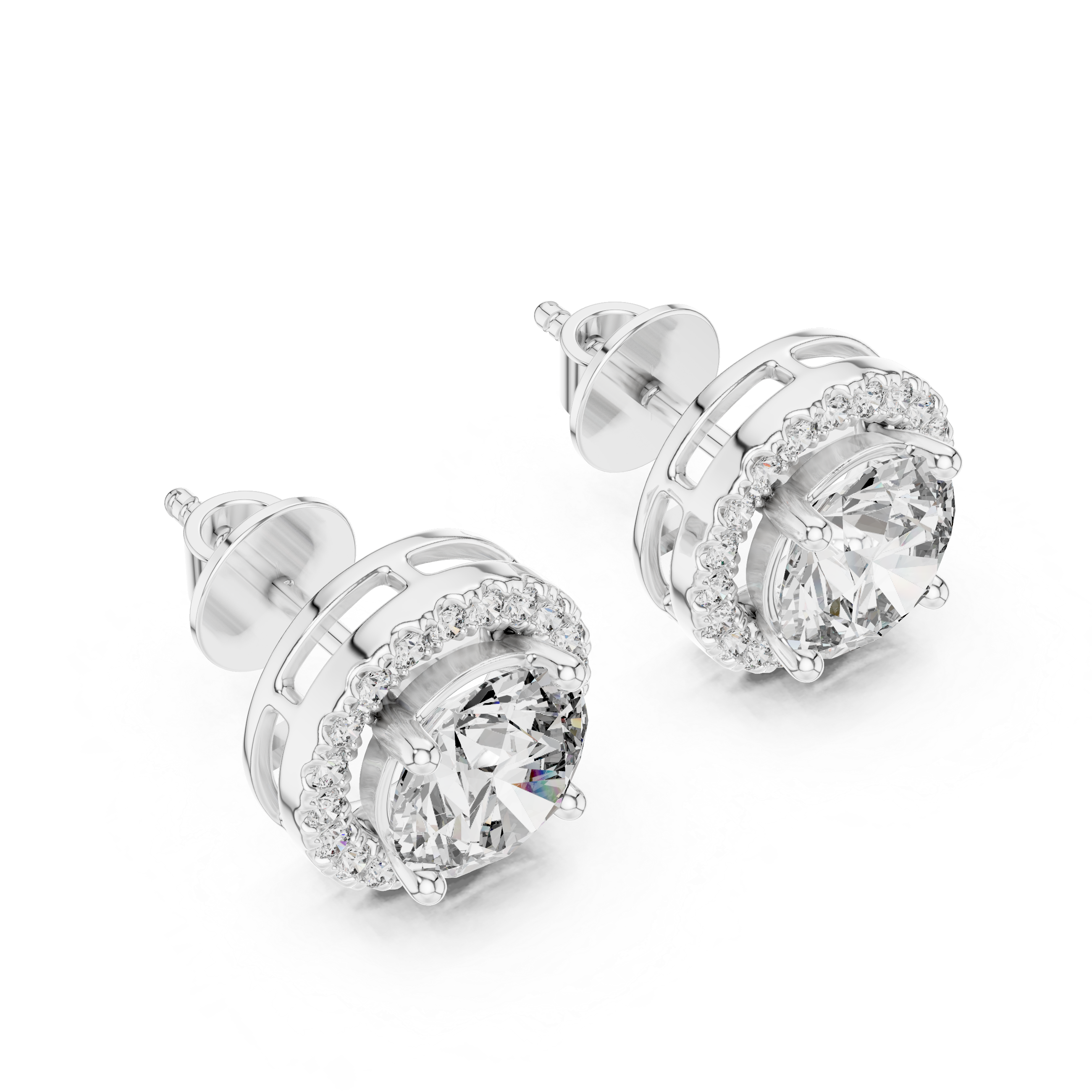 Pair of silver earrings with clear gemstones on a white background