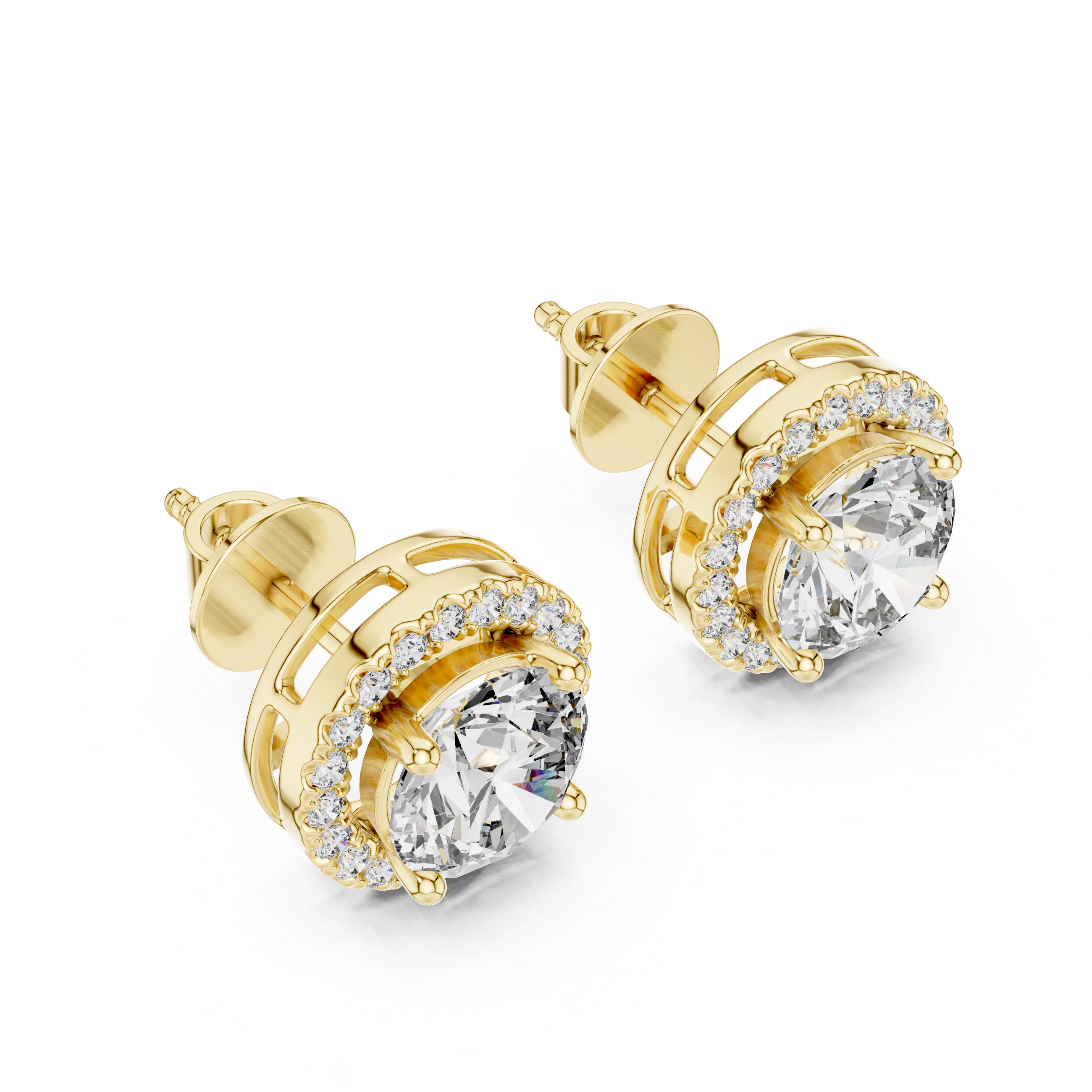 Gold earrings with clear gemstones on a white background
