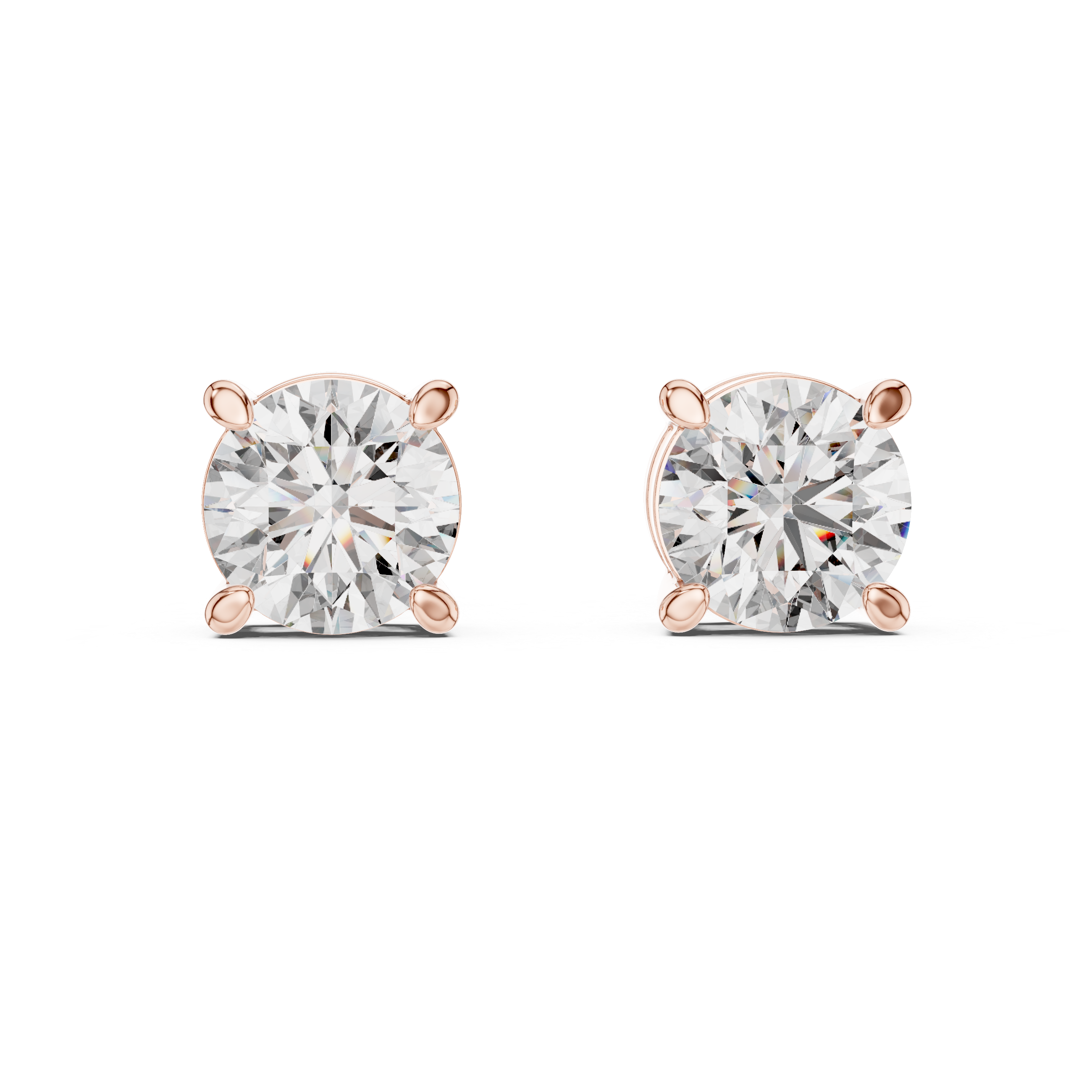Pair of diamond stud earrings with rose gold prongs on a white background