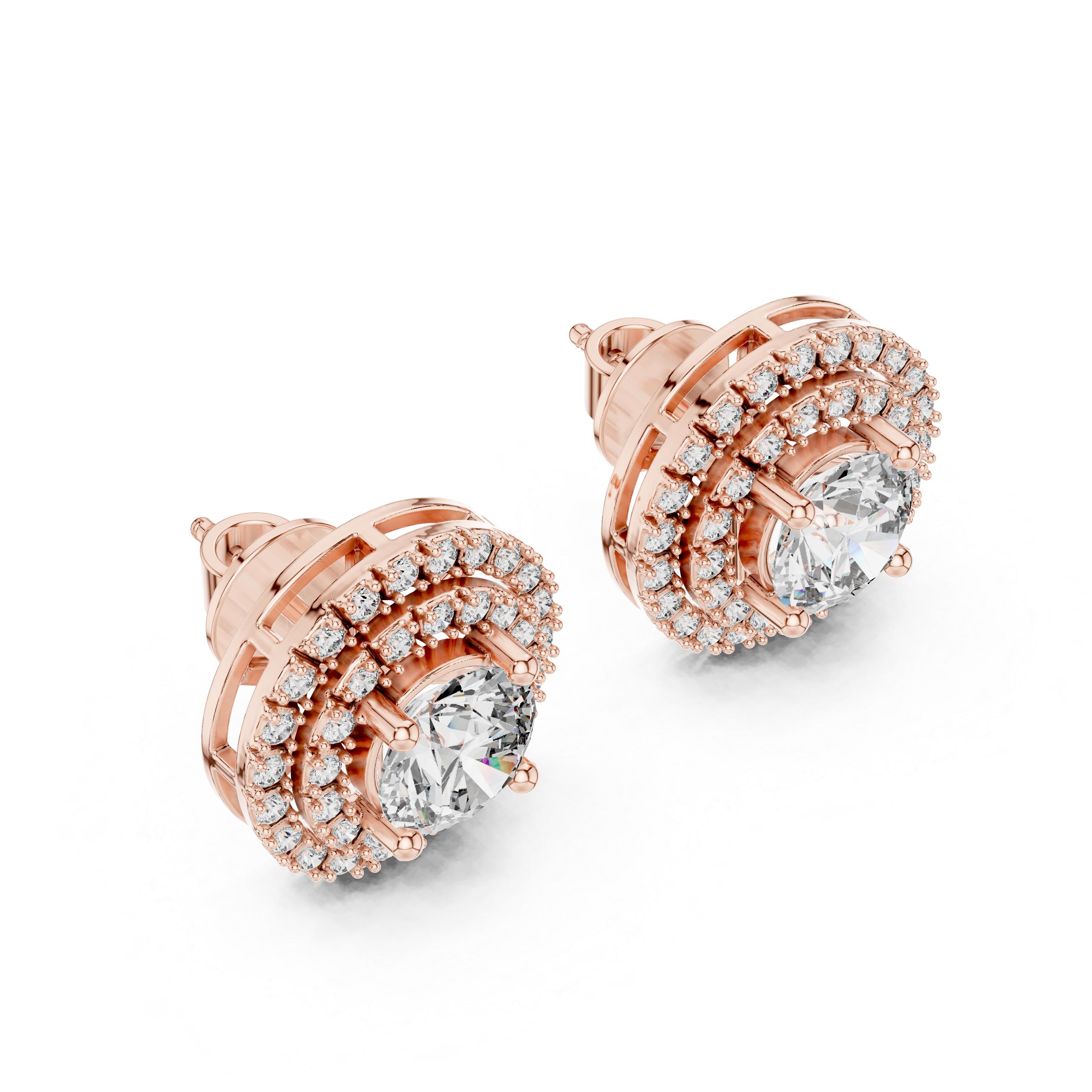 Rose gold earrings with clear gemstones on a white background