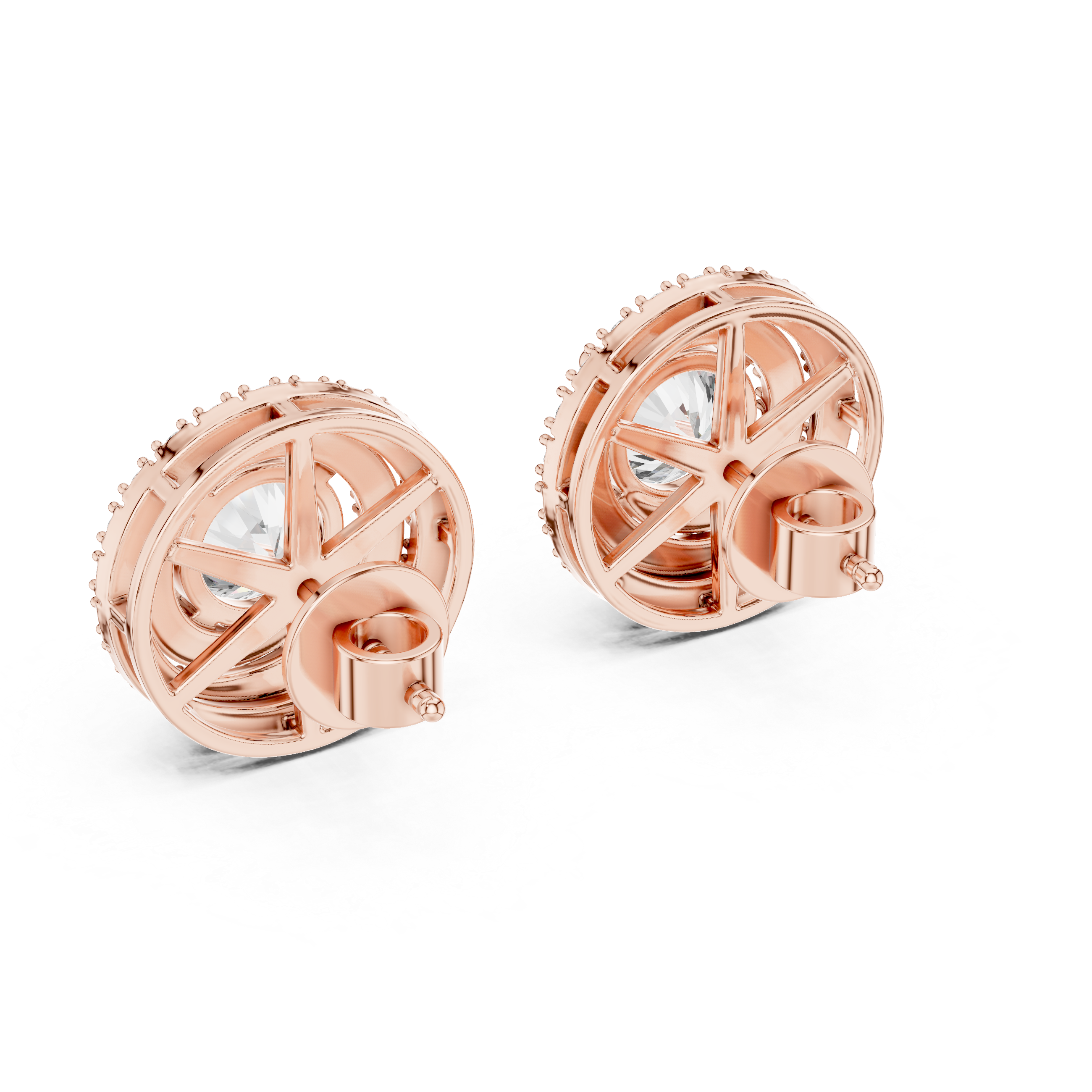 Rose gold earrings with intricate design on a white background