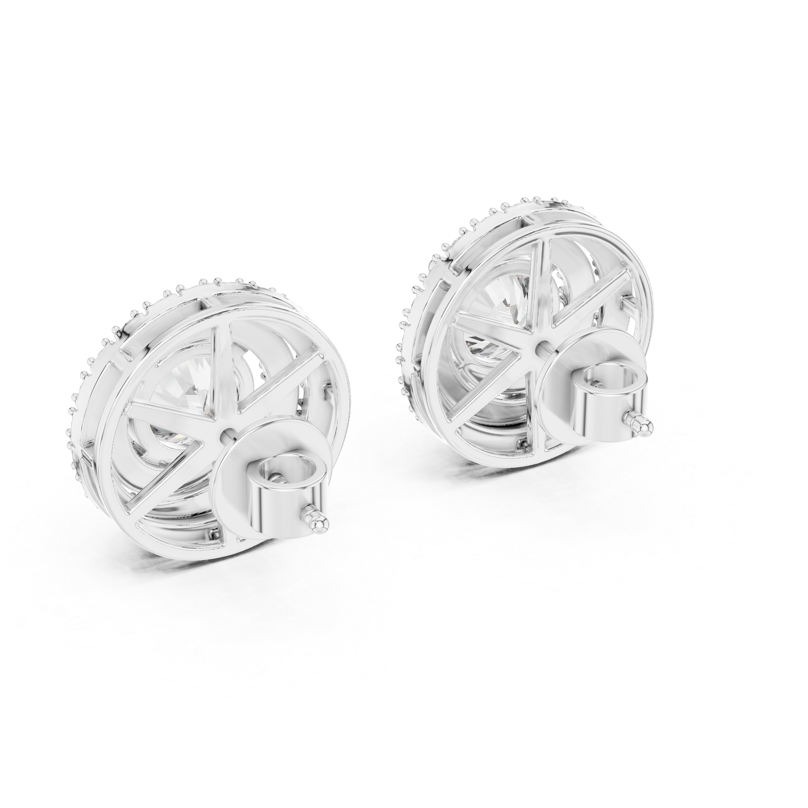 Silver cufflinks with intricate design on a white background