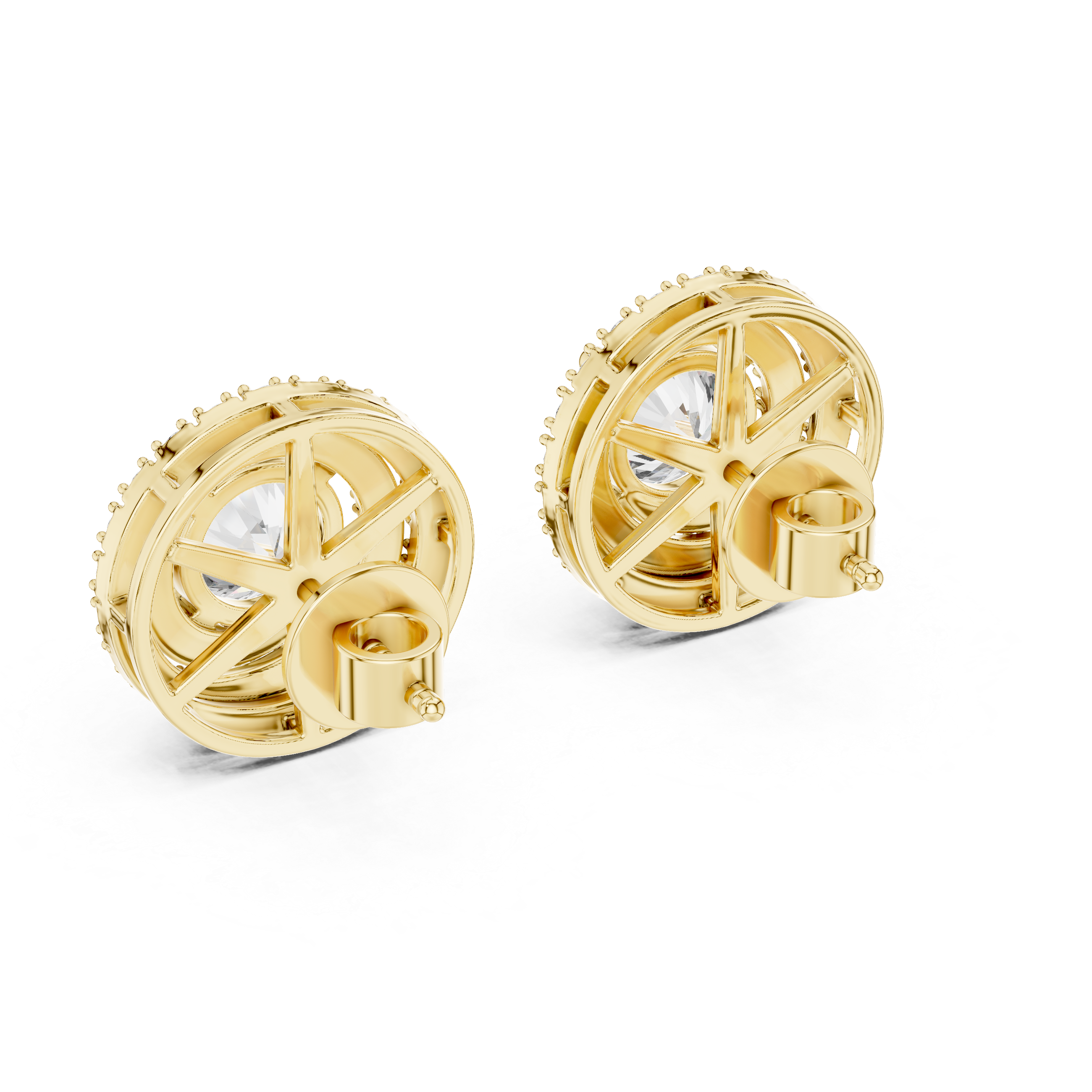 Gold earrings with intricate design on a white background