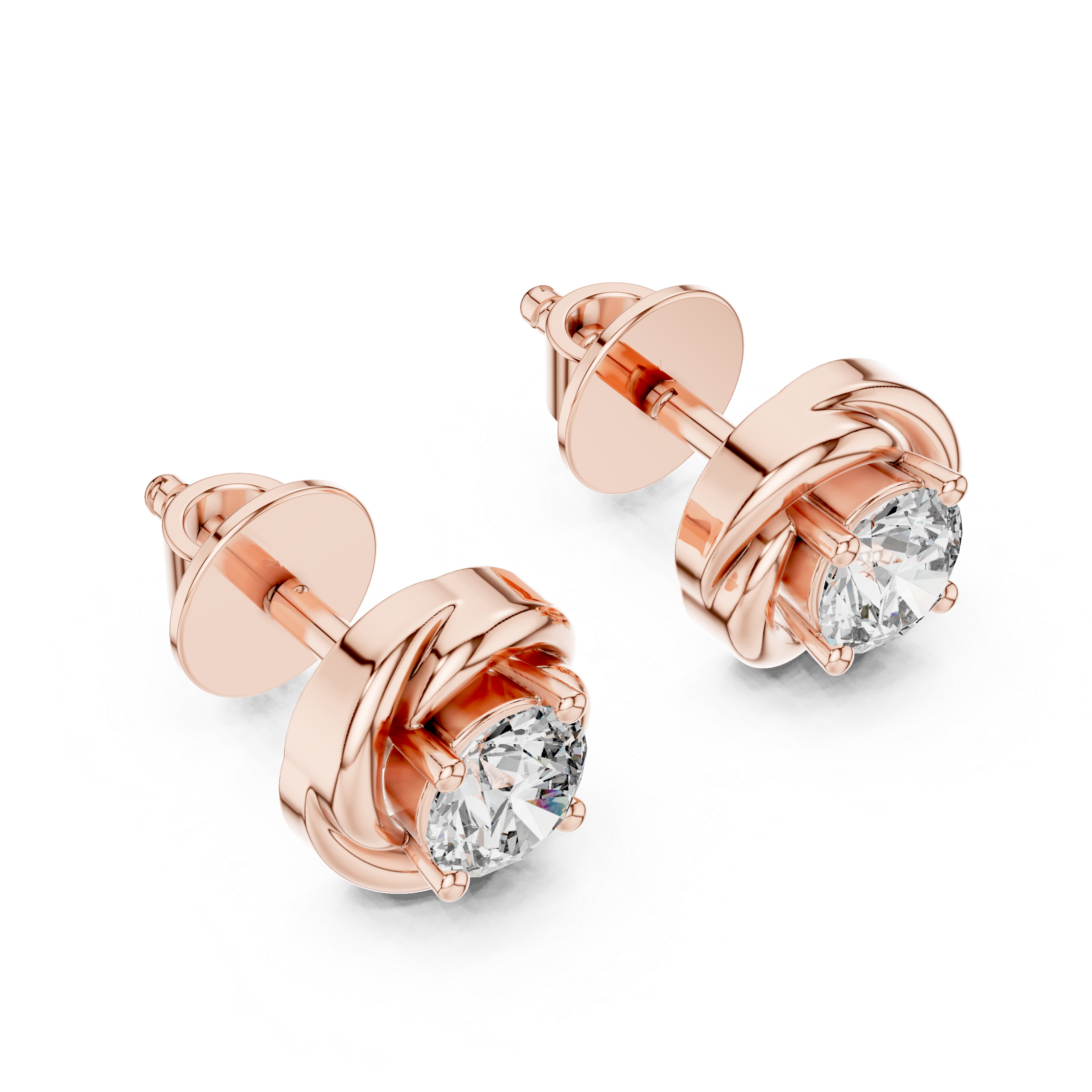 Rose gold earrings with clear gemstones on a white background