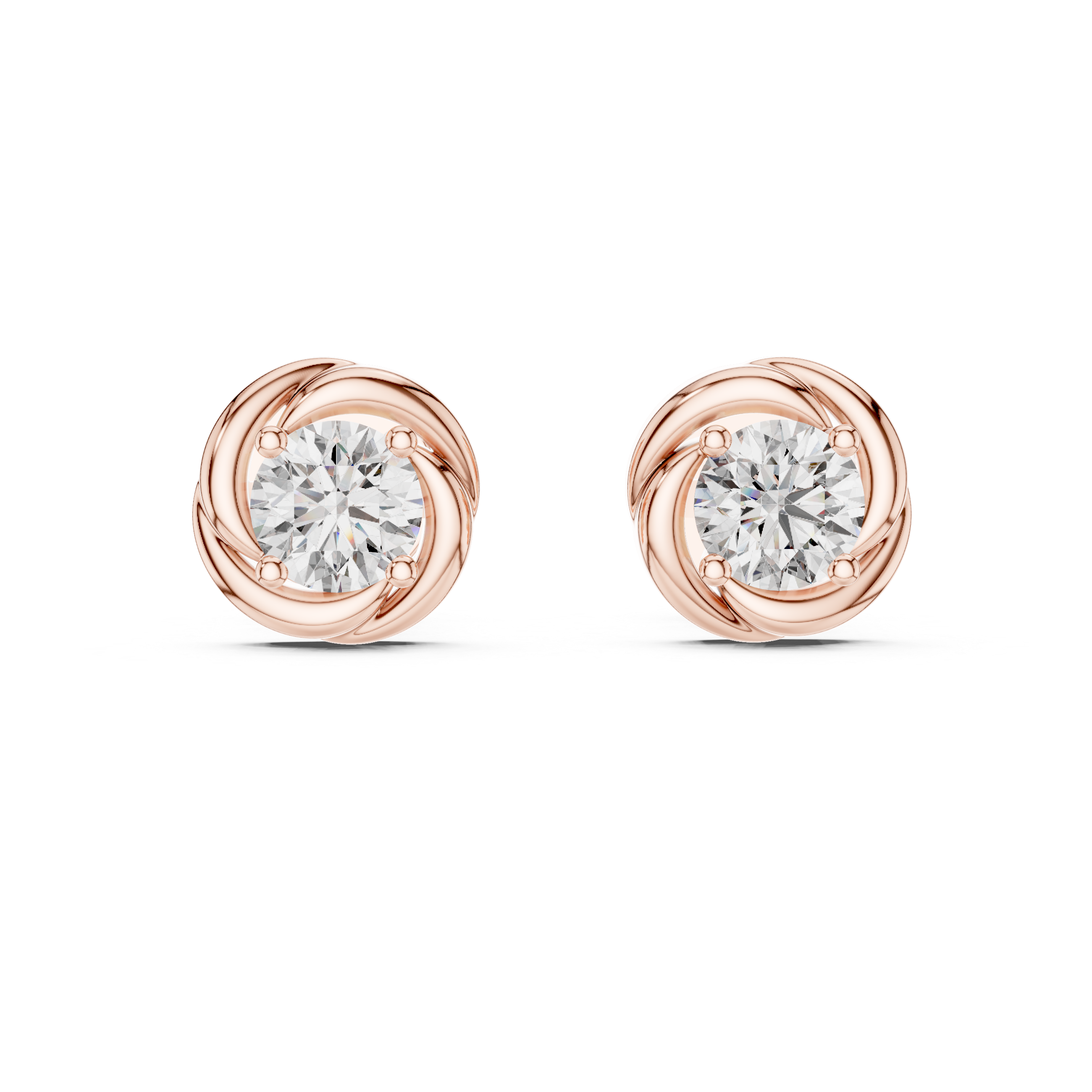 Rose gold earrings with clear gemstones on a white background