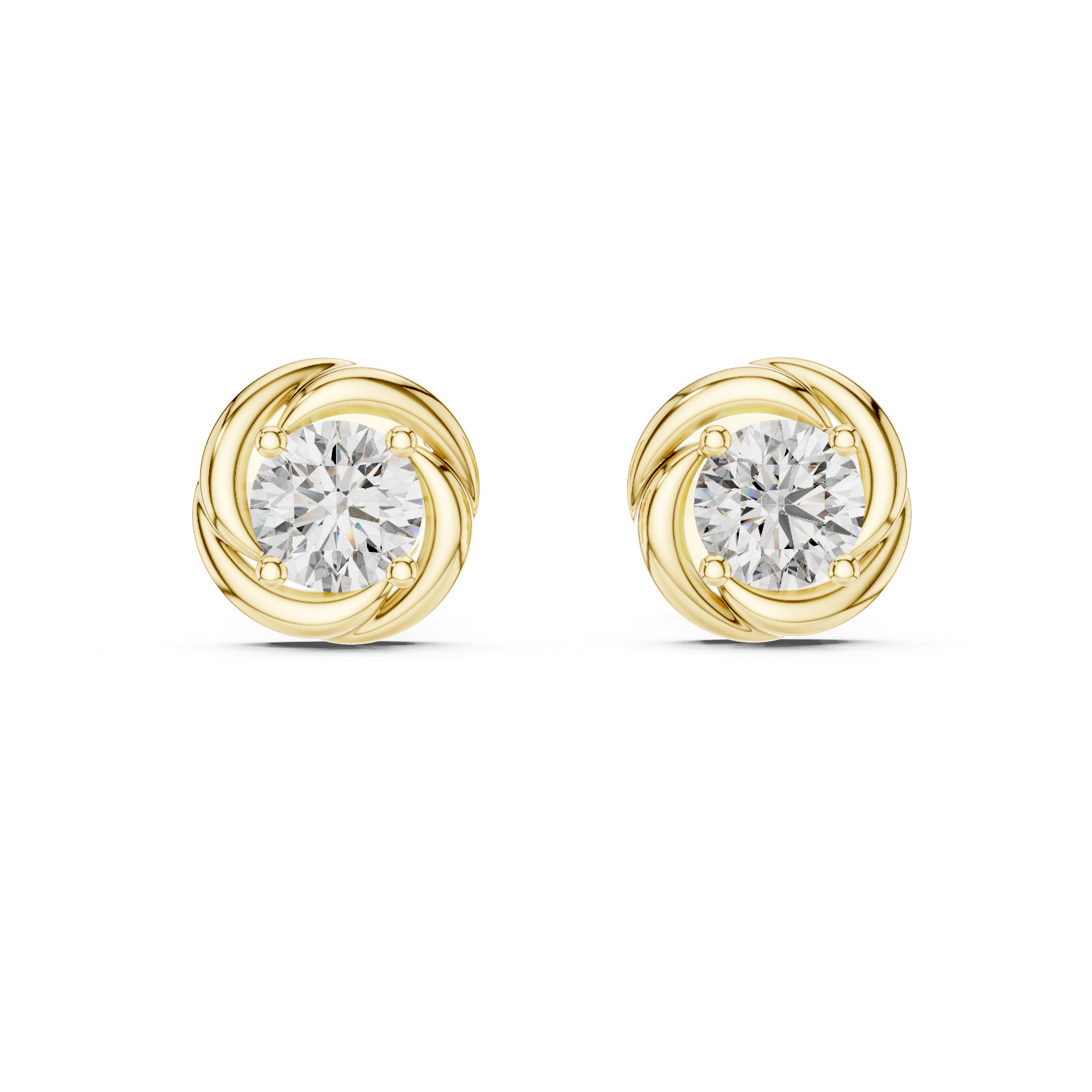 Gold earrings with diamond-like stones on a white background