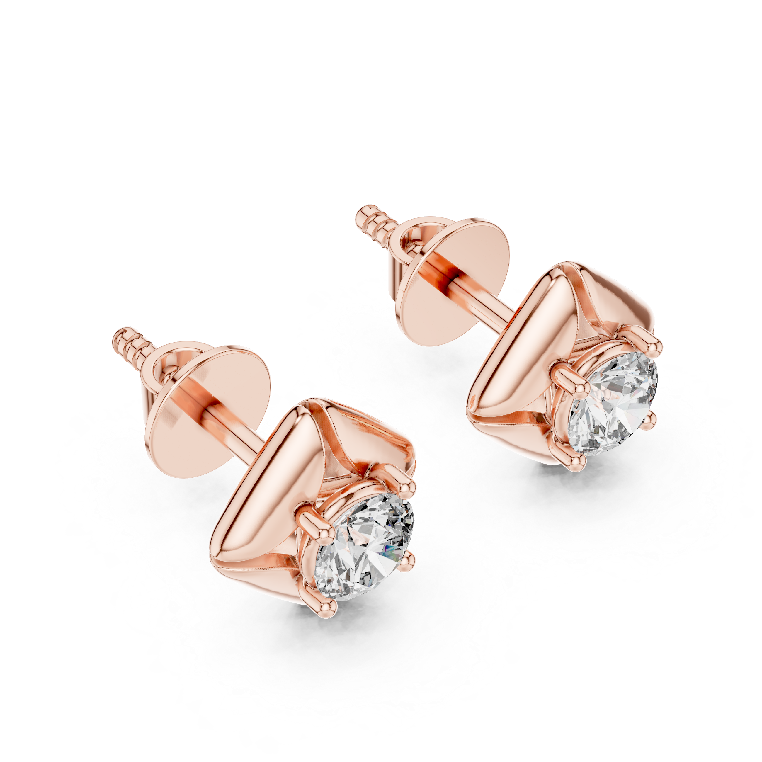 Rose gold earrings with clear gemstones on a white background