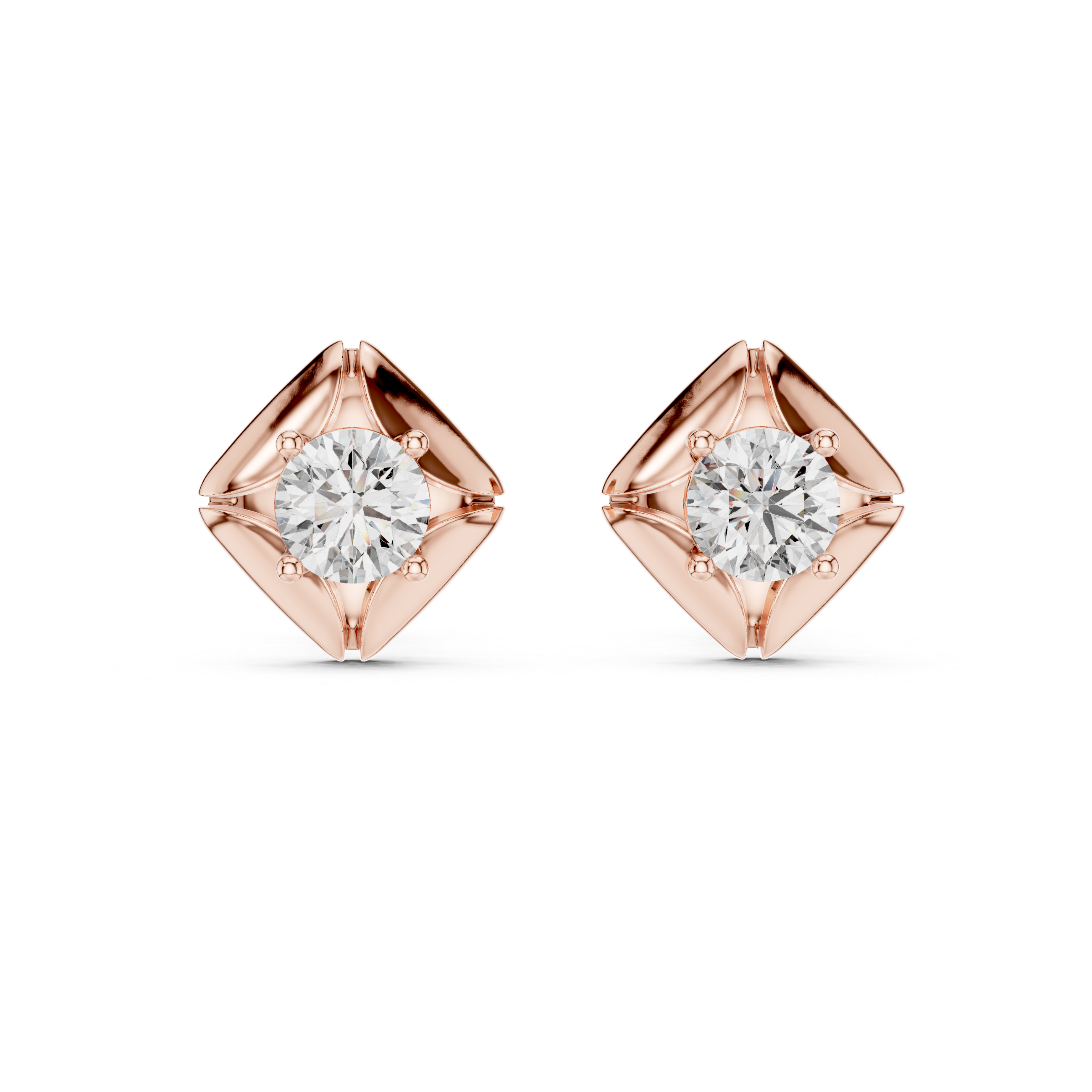 Rose gold diamond earrings on a white background