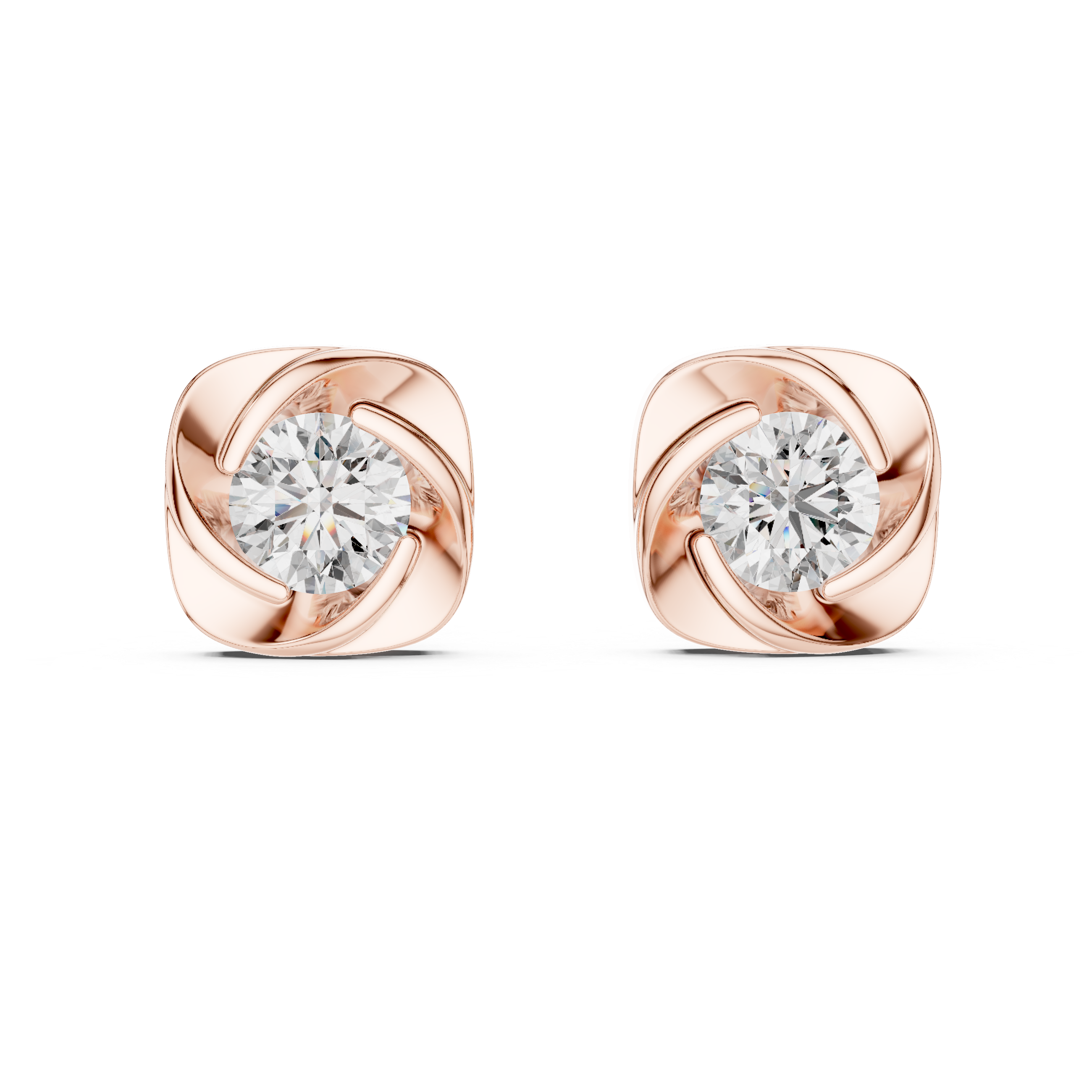 Rose gold earrings with clear gemstones on a white background
