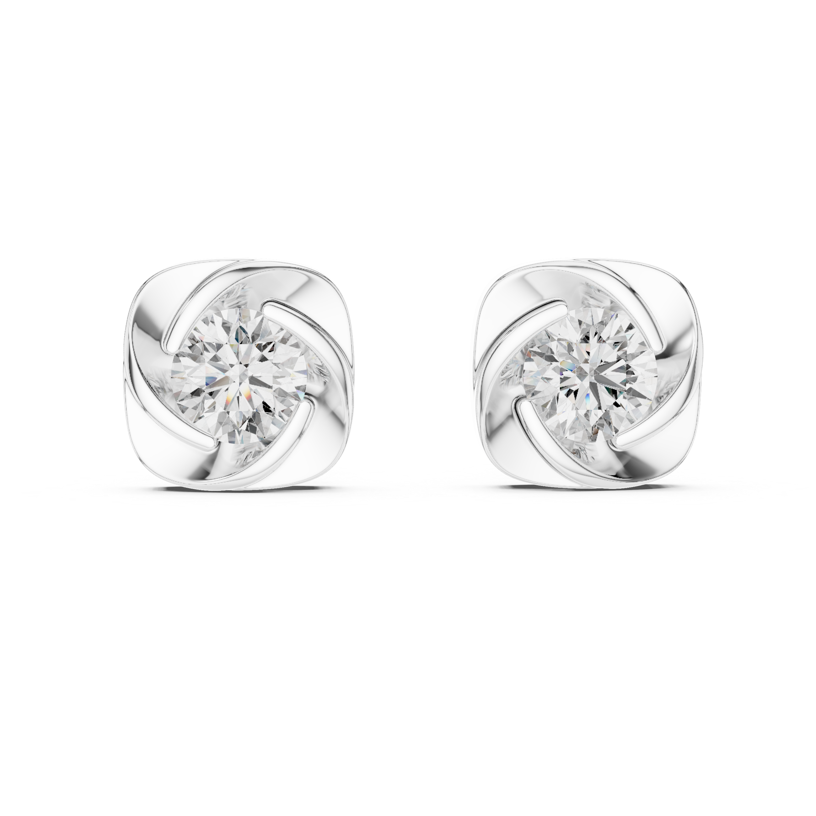 Pair of silver earrings with clear gemstones on a white background