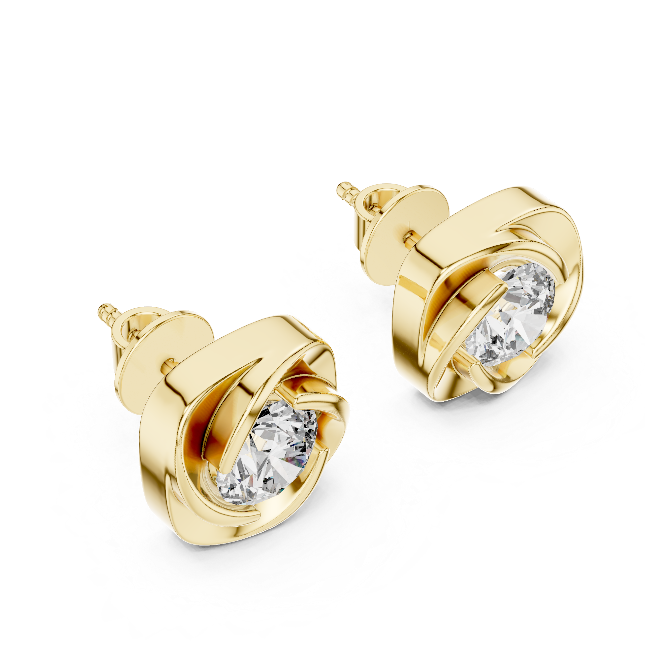 Gold earrings with clear gemstones on a white background