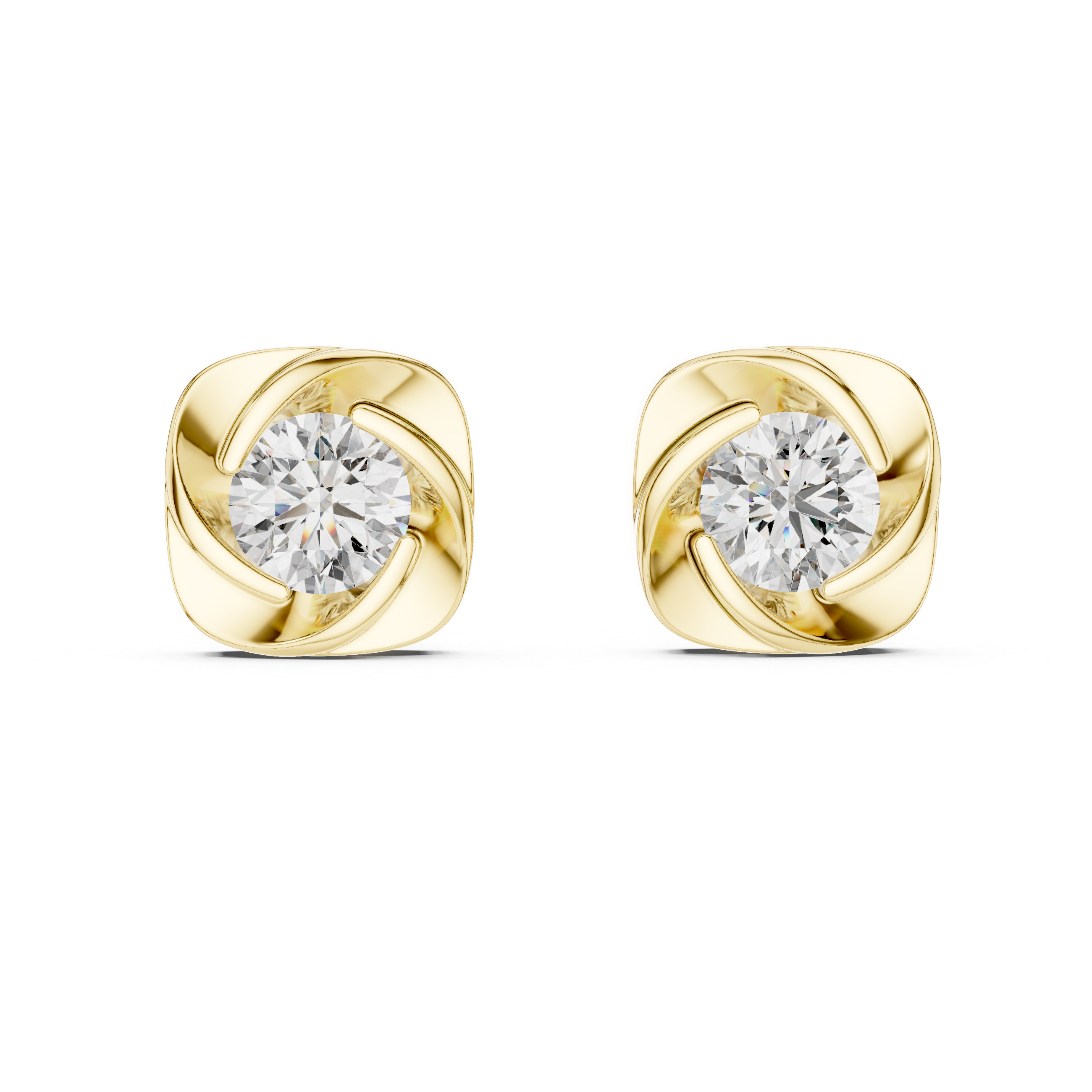 Gold earrings with diamond-like stones on a white background