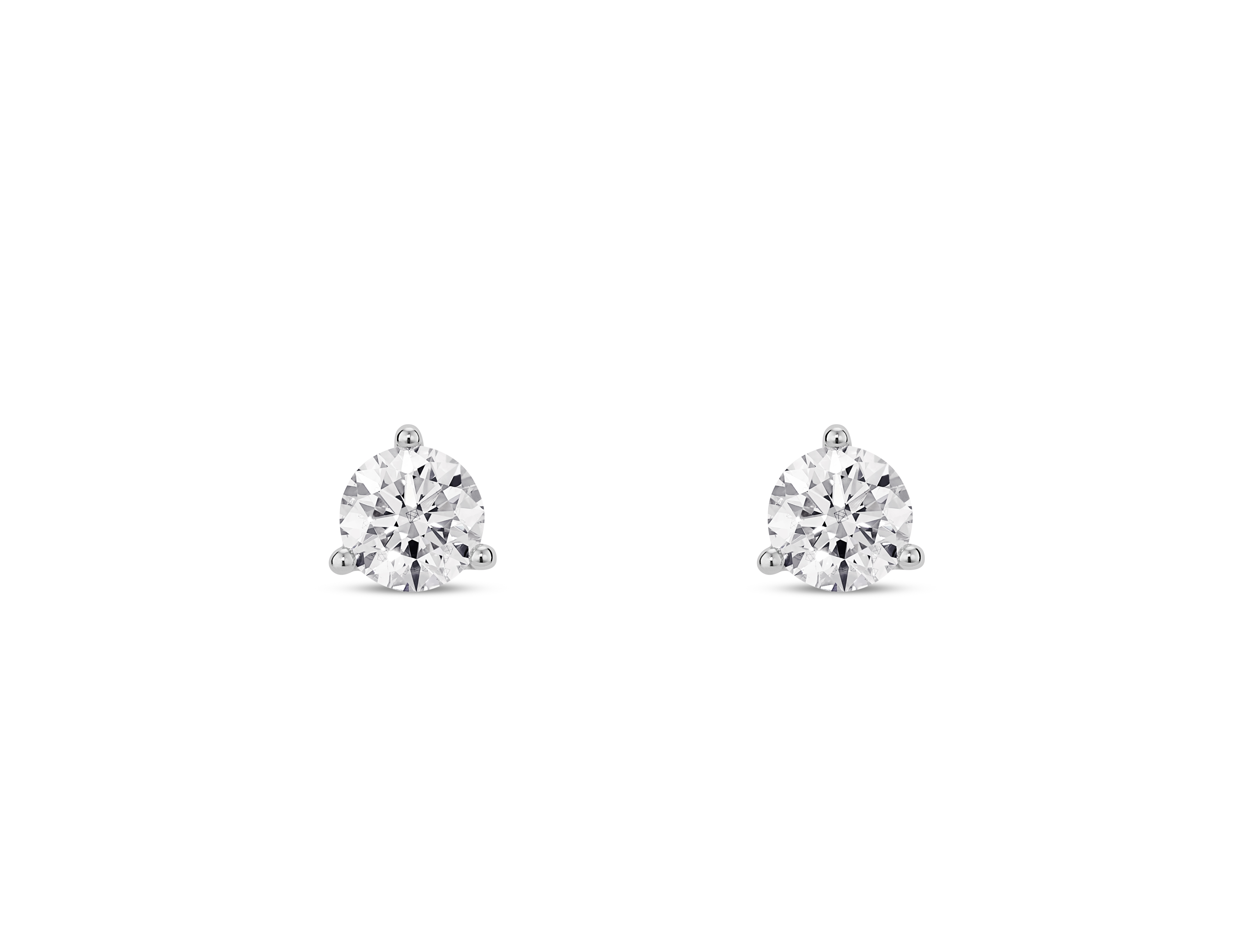 Front view of white 1/2 carat total weight round brilliant solitaire diamond studs in 10k white gold