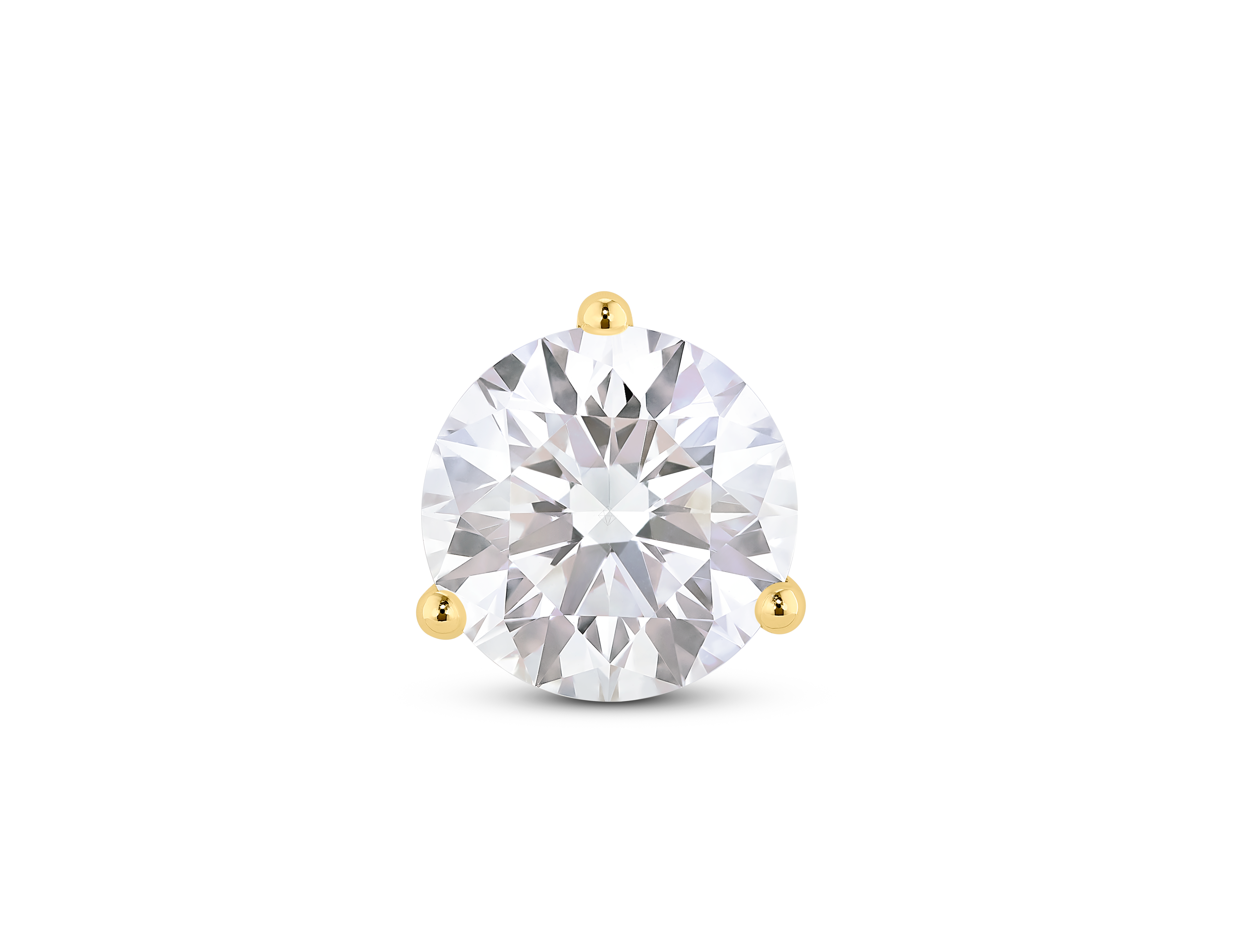 Front view of 2 carat total weight round brilliant solitaire single stud in 14k yellow gold