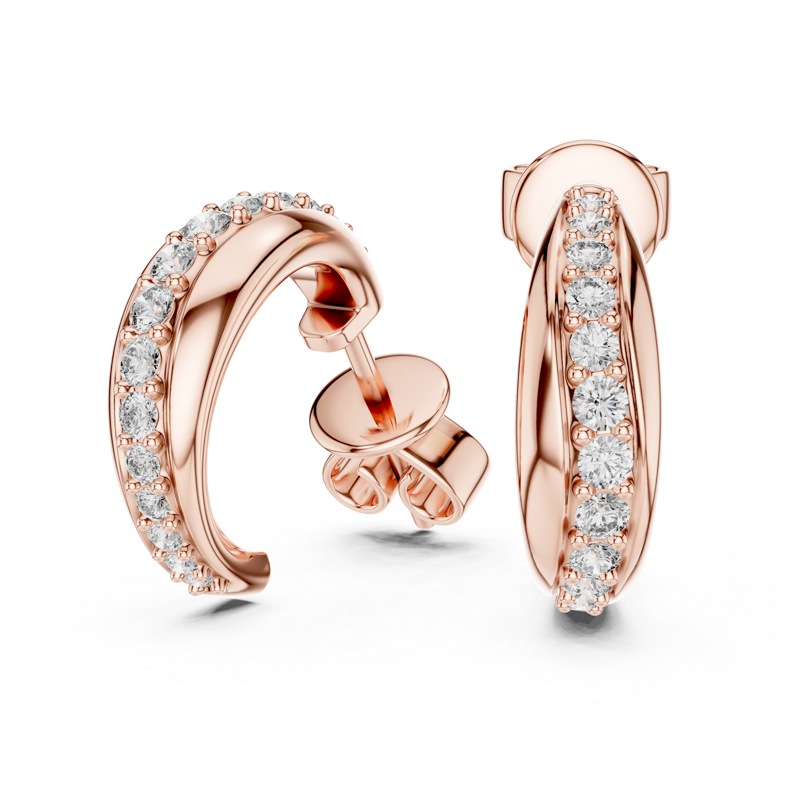 Rose gold hoop earrings with diamond accents on a white background