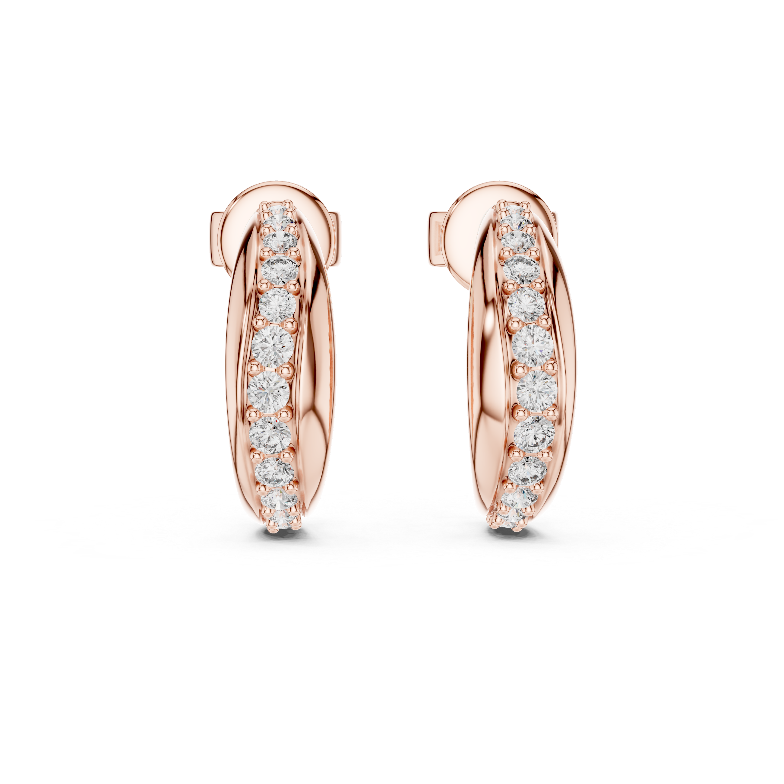 Rose gold hoop earrings with diamond accents on a white background