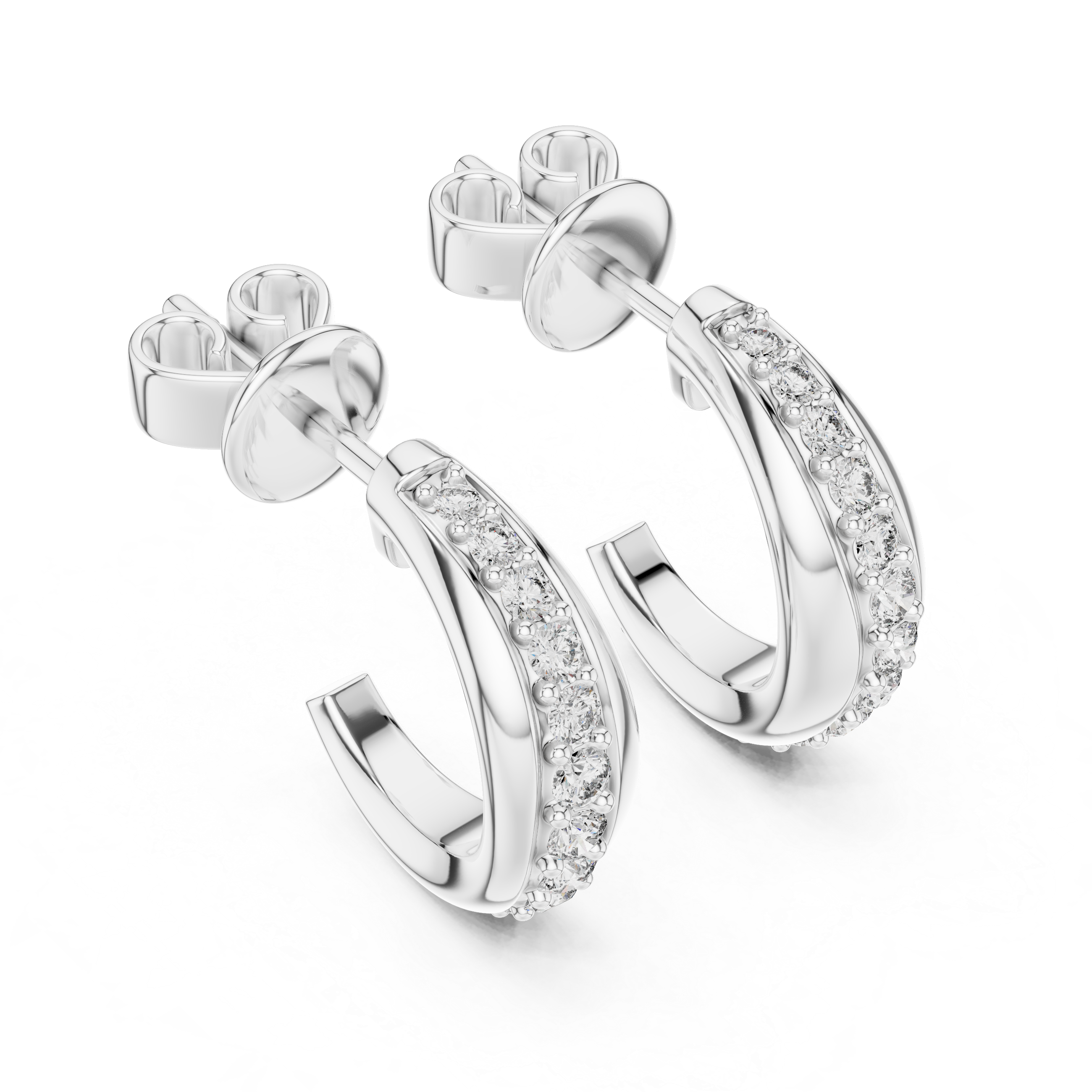 Silver hoop earrings with clear gemstones on a white background