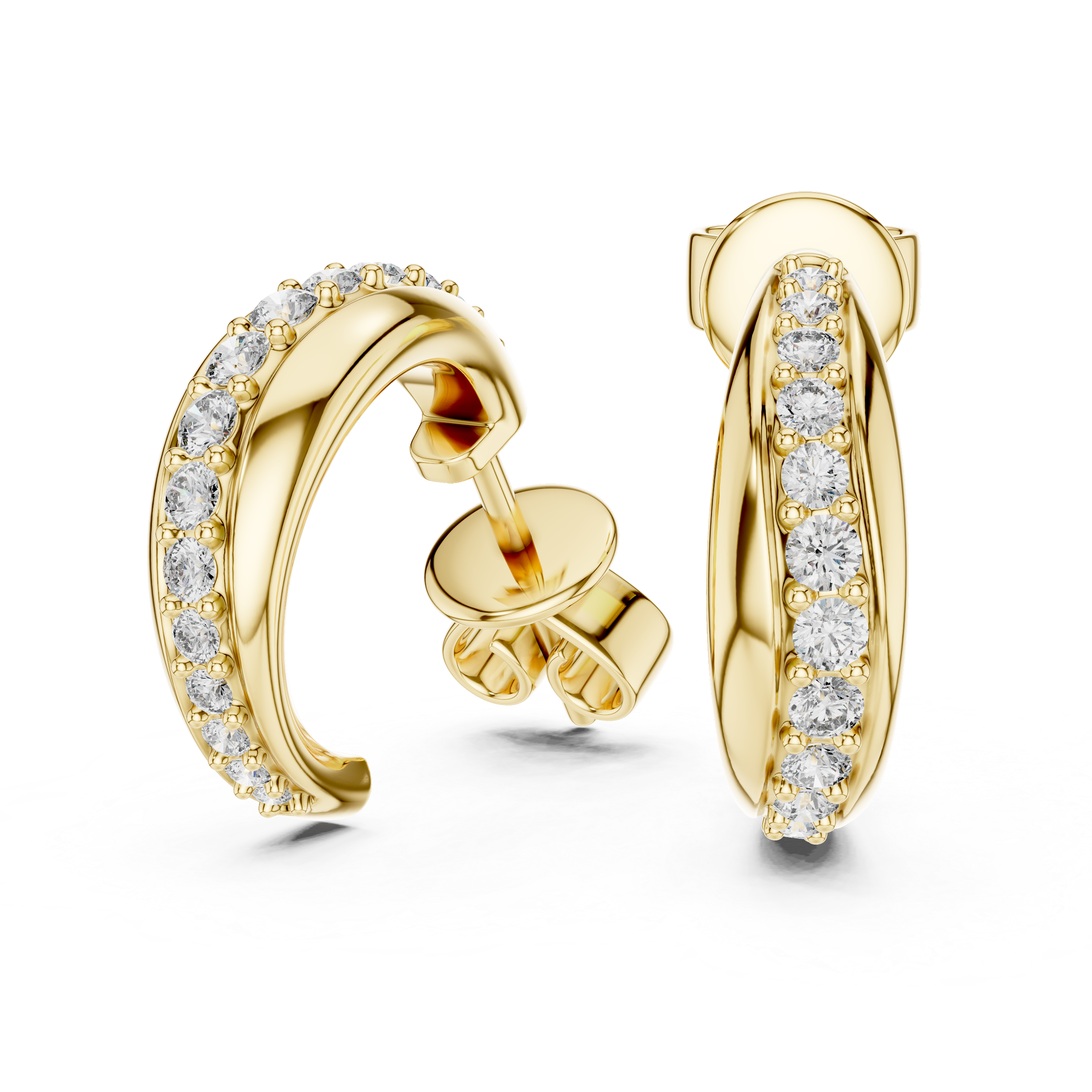 Gold hoop earrings with diamond accents on a white background