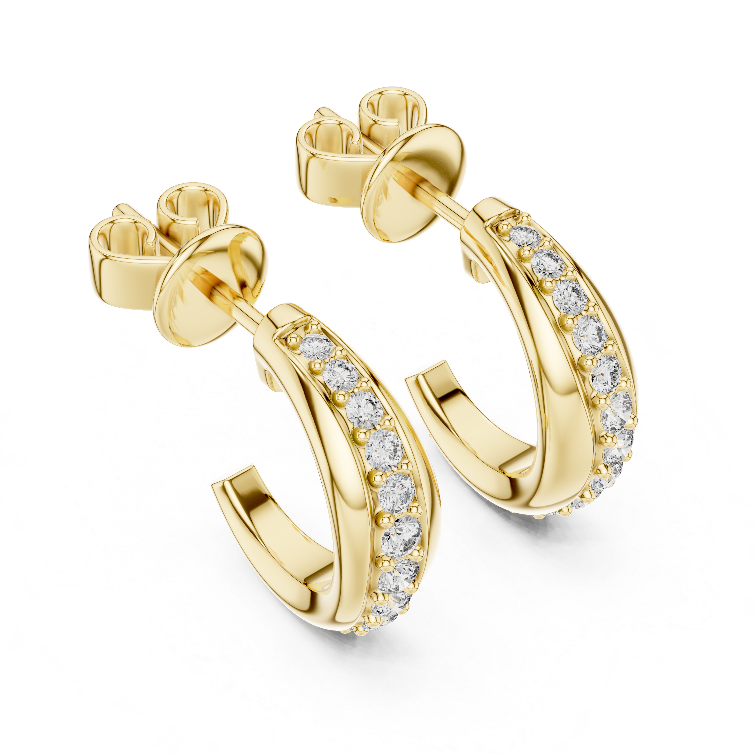 Gold hoop earrings with diamond accents on a white background