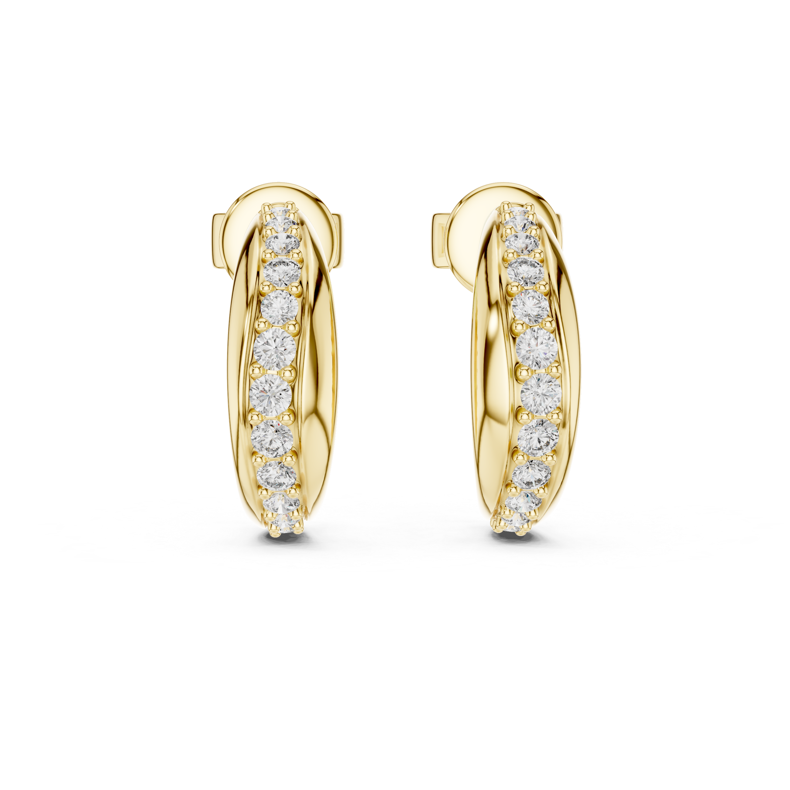 Gold hoop earrings with diamond accents on a white background